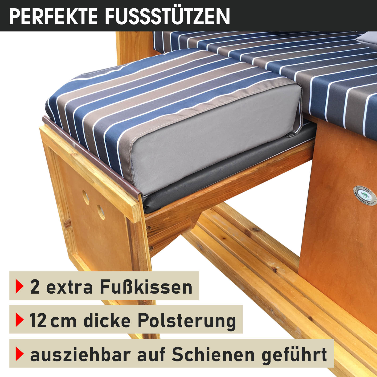 XXL Strandkorb 3-Sitzer Usedom braun-blau gestreift mit wetterfesten, 12 cm dicken Fußpolstern, ausziehbar auf Schienen,.