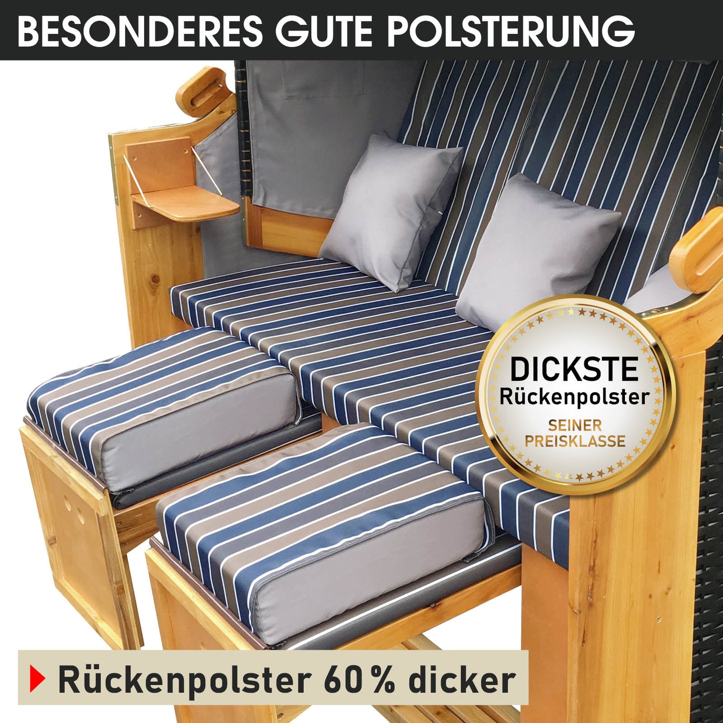 XXL Strandkorb 3-Sitzer Usedom mit braun-blau gestreiftem wetterfestem Polster und extra dicker Rückenpolsterung, ideal für.