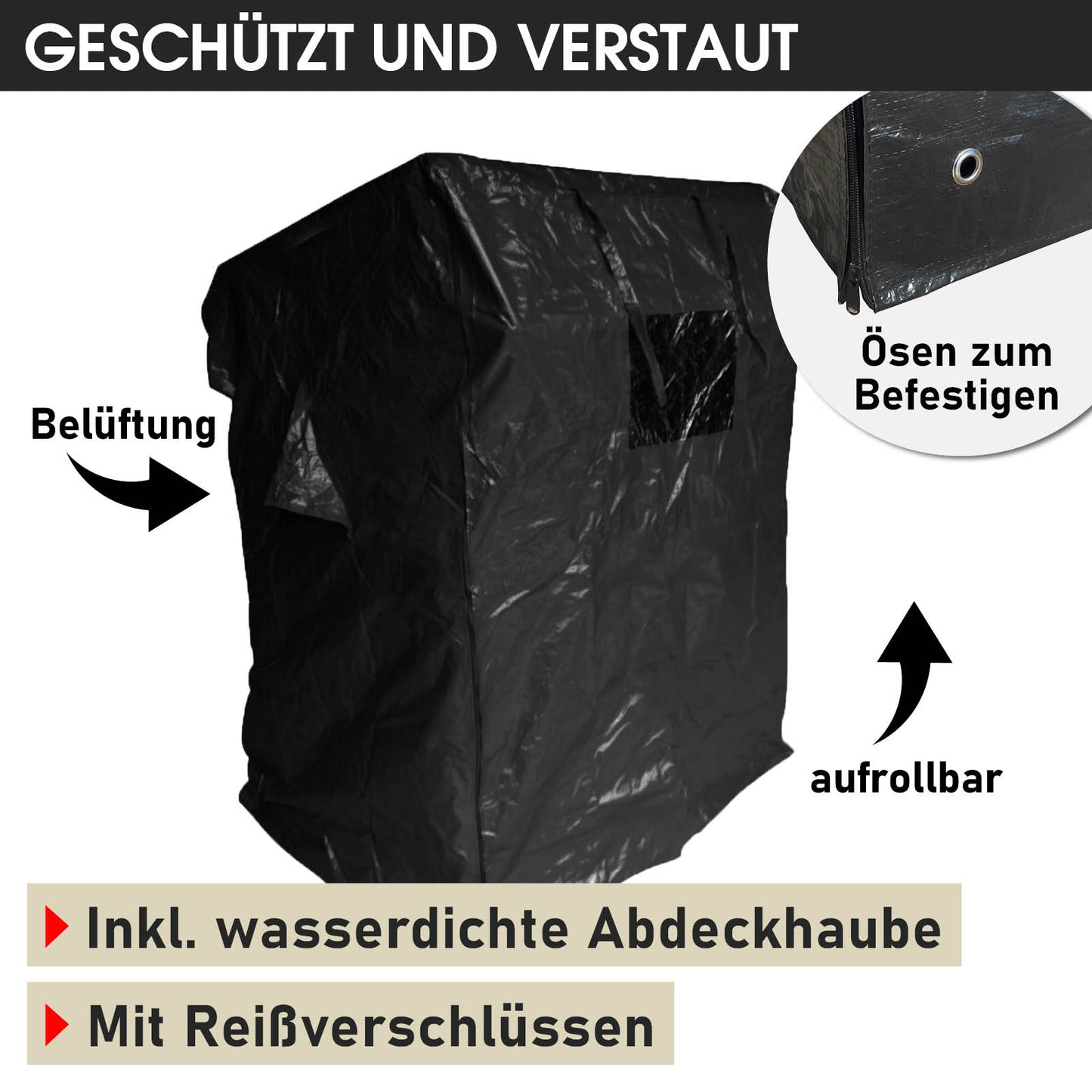 Wetterfeste, schwarze Abdeckhaube für Strandkorb mit Belüftung und Reißverschlüssen, strandkorb balkon geeignet.
