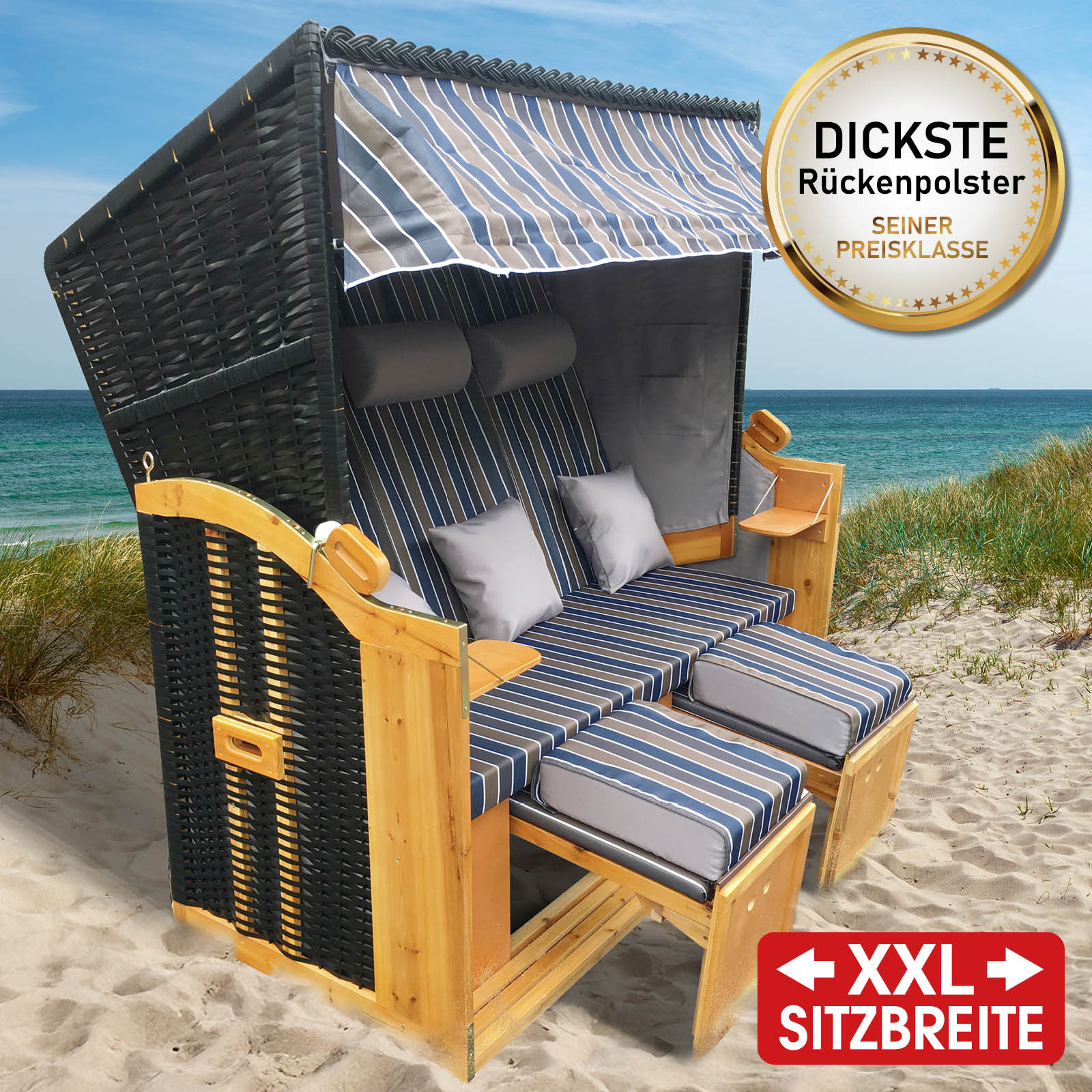 XXL Strandkorb 3-Sitzer Usedom mit braun-blau gestreiftem wetterfestem Bezugsstoff, ideal für Balkon oder Nordsee-Strand.