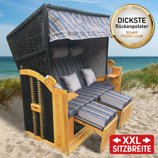 XXL Strandkorb 3-Sitzer Usedom mit braun-blau gestreiftem wetterfestem Bezugsstoff, ideal für Balkon oder Nordsee-Strand.