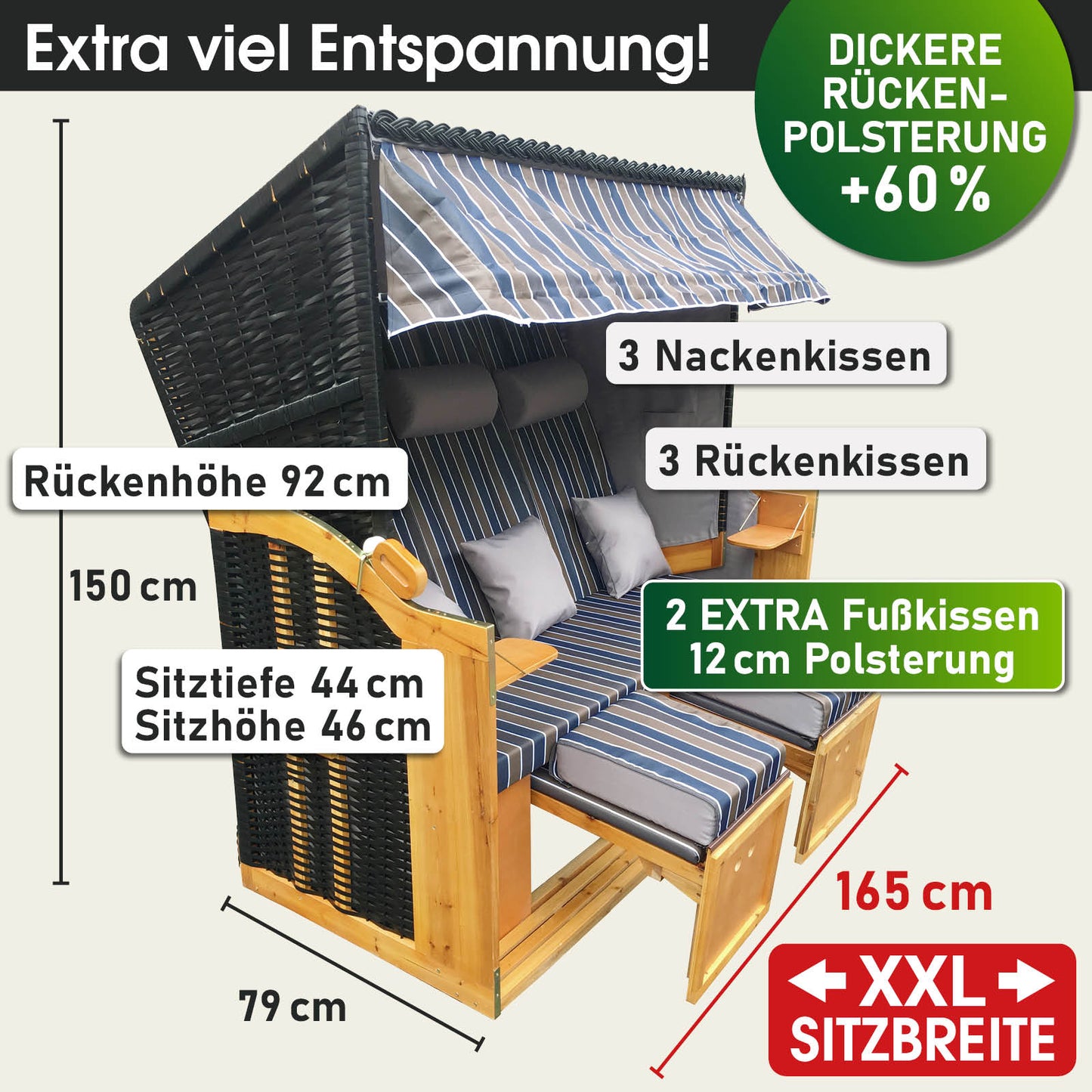 XXL Strandkorb 3-Sitzer Usedom braun/blau gestreift, wetterfest mit dicker Polsterung, Fußkissen, perfekt für Balkon, Ostsee .
