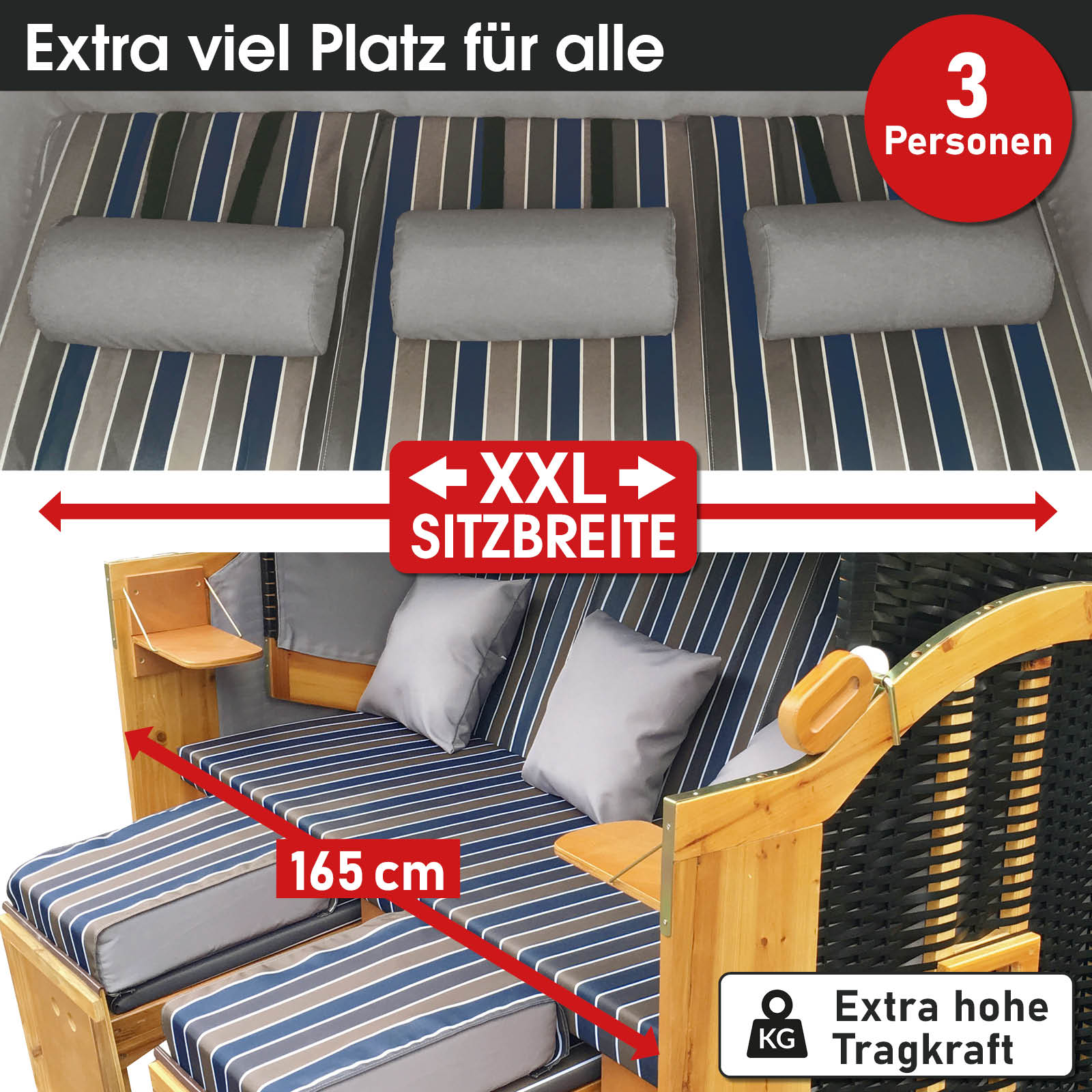 XXL Strandkorb 3-Sitzer mit braun-blau gestreiftem Polster, wetterfest, ideal für Balkon, Ostsee und Nordsee Strandkorb.
