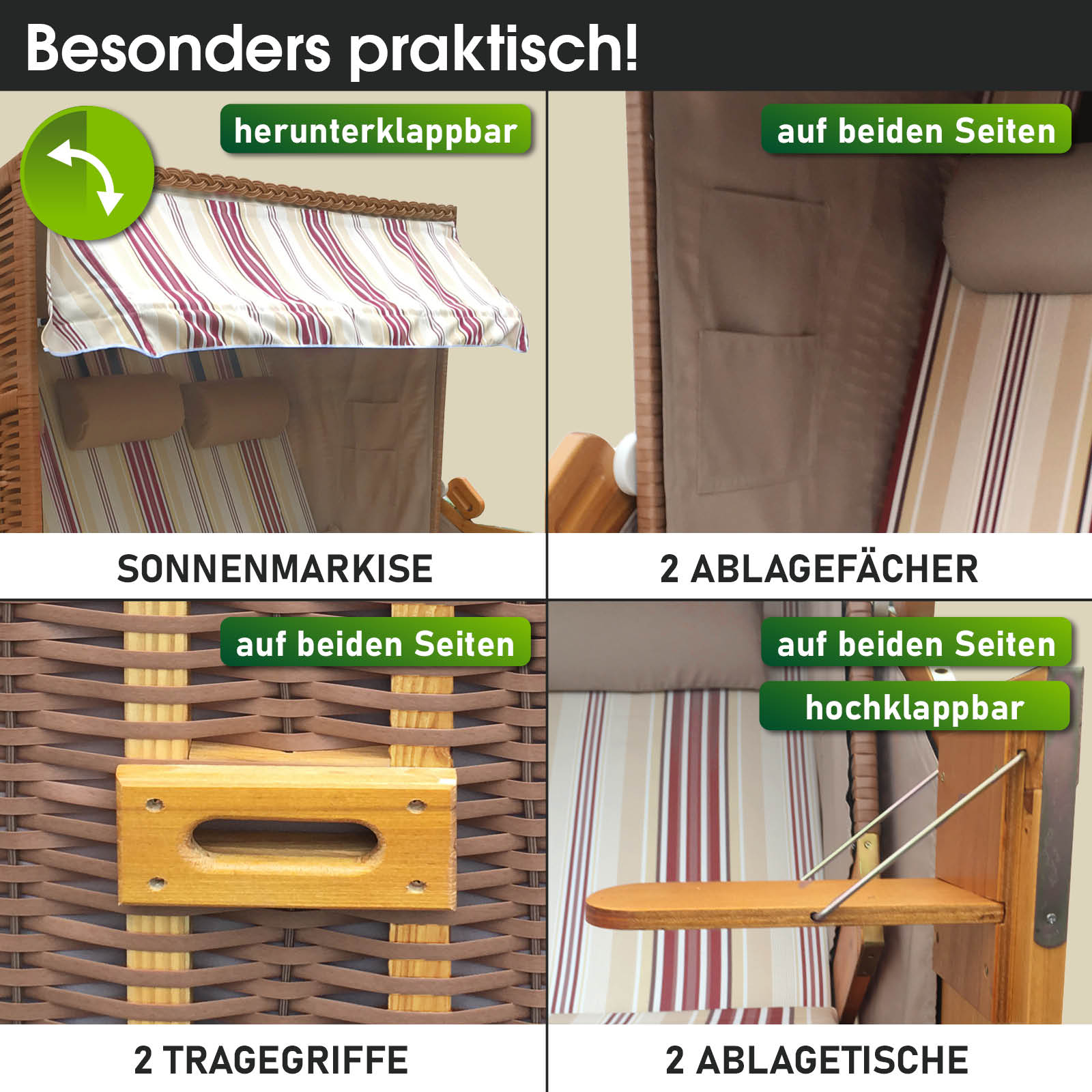 XXL Strandkorb Usedom 3-Sitzer rot-beige gestreift mit Sonnenmarkise und Ablagefächern, wetterfest für Ostsee und Balkon.
