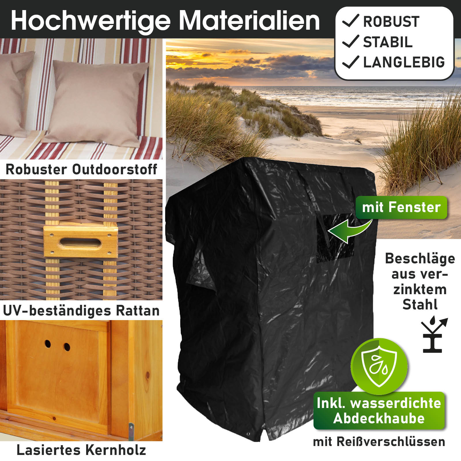 Wetterfeste Abdeckhaube für Strandkorb Ostsee aus robustem Outdoorstoff, UV-beständig, mit Fenster, passgenau für Strandkorb .