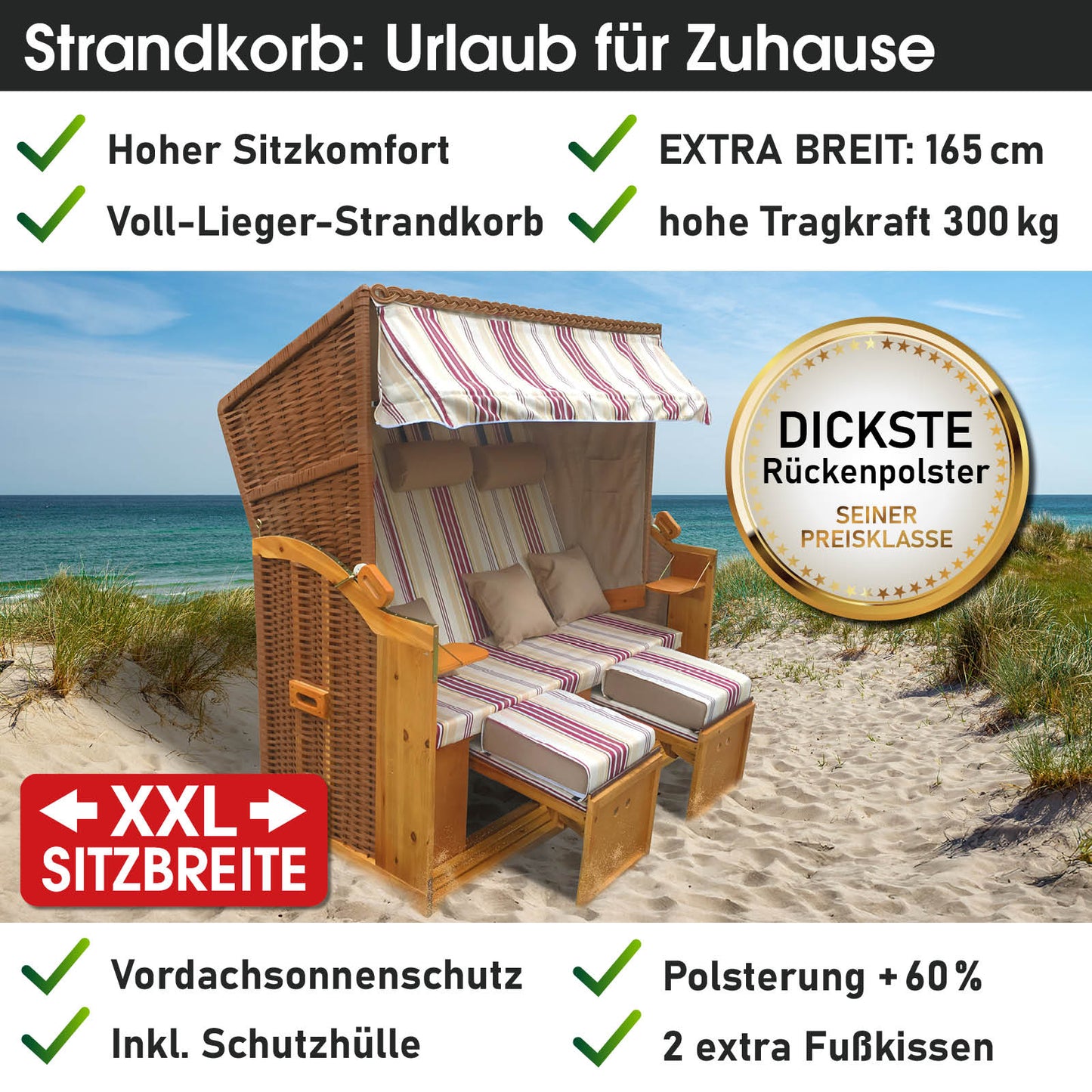 XXL 3-Sitzer Strandkorb Ostsee rot-beige gestreift mit wetterfester Polsterung für Balkon und Strand.
