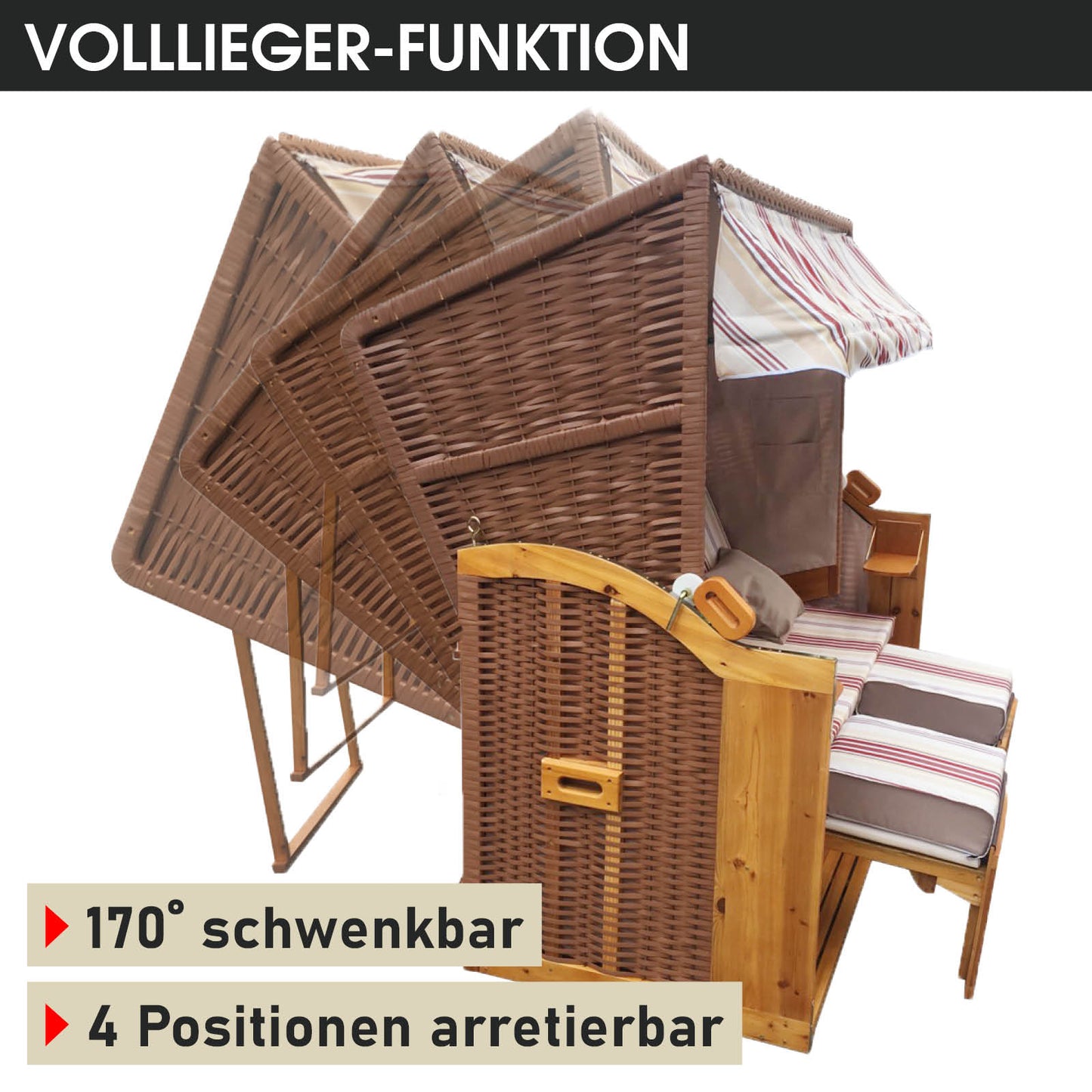 XXL Strandkorb rot-beige gestreift mit wetterfestem Polyrattan, 3-Sitzer, 170° schwenkbar, 4-fach arretierbar, ideal als.