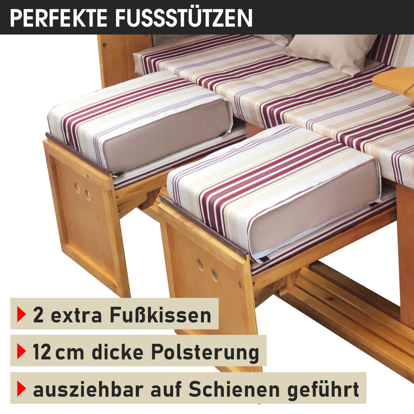 Großer XXL Strandkorb 3-Sitzer Usedom mit rot-beigen gestreiften wetterfesten Fußkissen für Balkon und Nordsee.