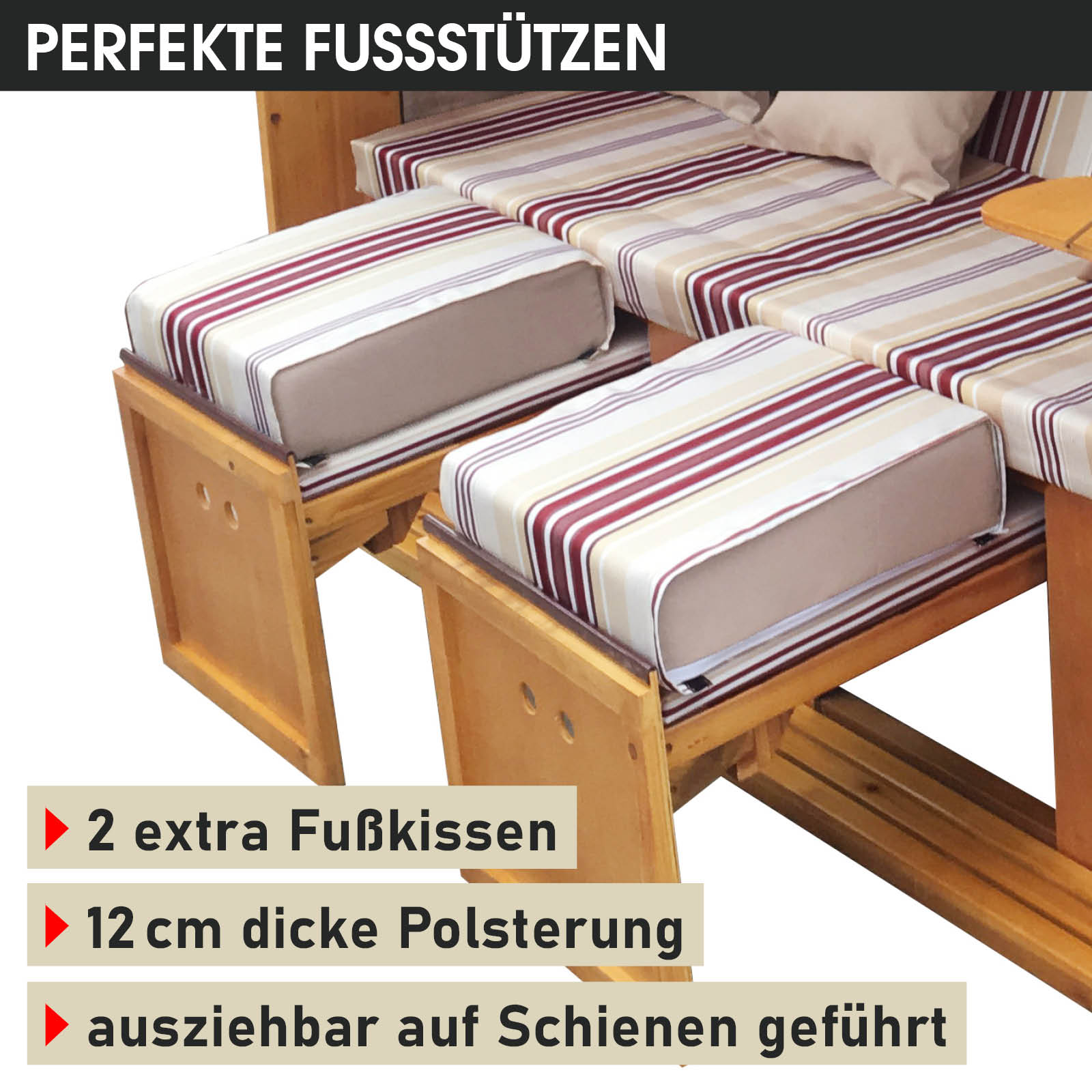 Großer XXL Strandkorb 3-Sitzer Usedom mit rot-beigen gestreiften wetterfesten Fußkissen für Balkon und Nordsee.
