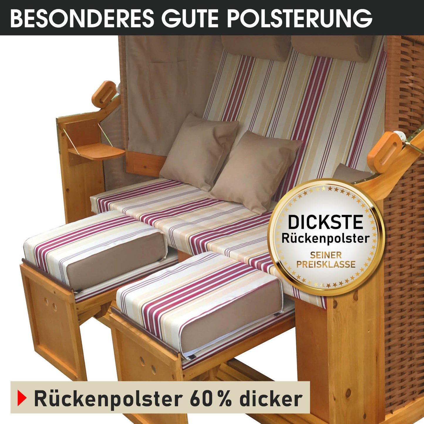 XXL Strandkorb 3-Sitzer Usedom mit rot-beige gestreiftem Polster, wetterfest für Balkon, Ostsee und Nordsee.
