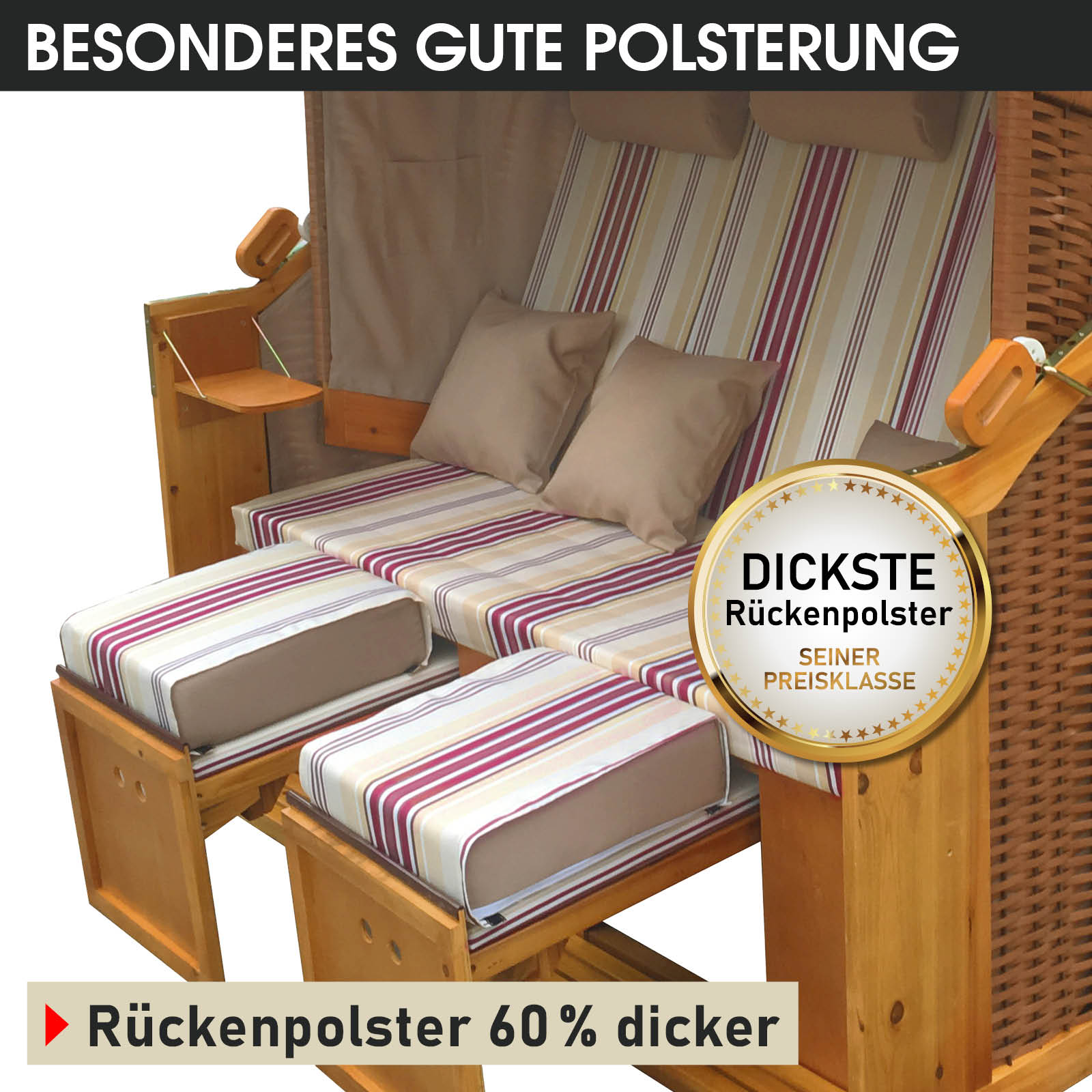 XXL Strandkorb 3-Sitzer Usedom mit rot-beige gestreiftem Polster, wetterfest für Balkon, Ostsee und Nordsee.