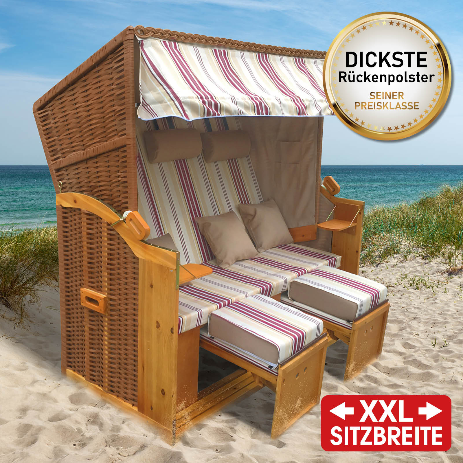 XXL 3-Sitzer Strandkorb Usedom rot-beige gestreift mit wetterfestem Polster am Strand Ostsee/Nordsee.