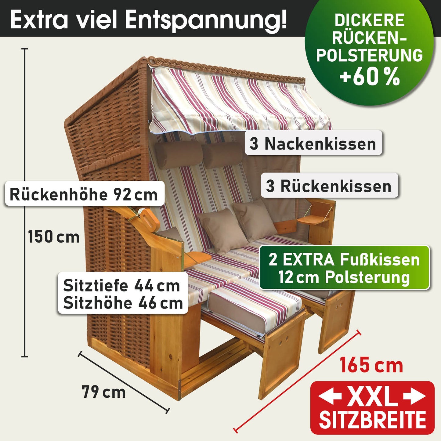 XXL Strandkorb 3-Sitzer Usedom rot-beige gestreift, wetterfest, mit extra Polsterung für Balkon und Nordsee stranden.