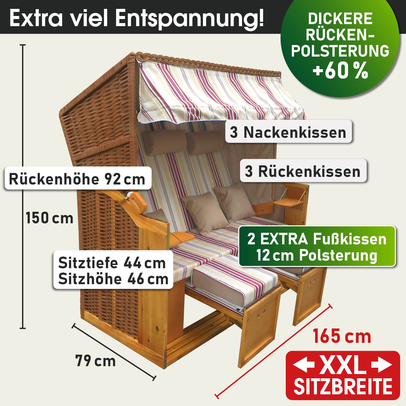 XXL Strandkorb 3-Sitzer Usedom rot-beige gestreift, wetterfest, mit extra Polsterung für Balkon und Nordsee stranden.