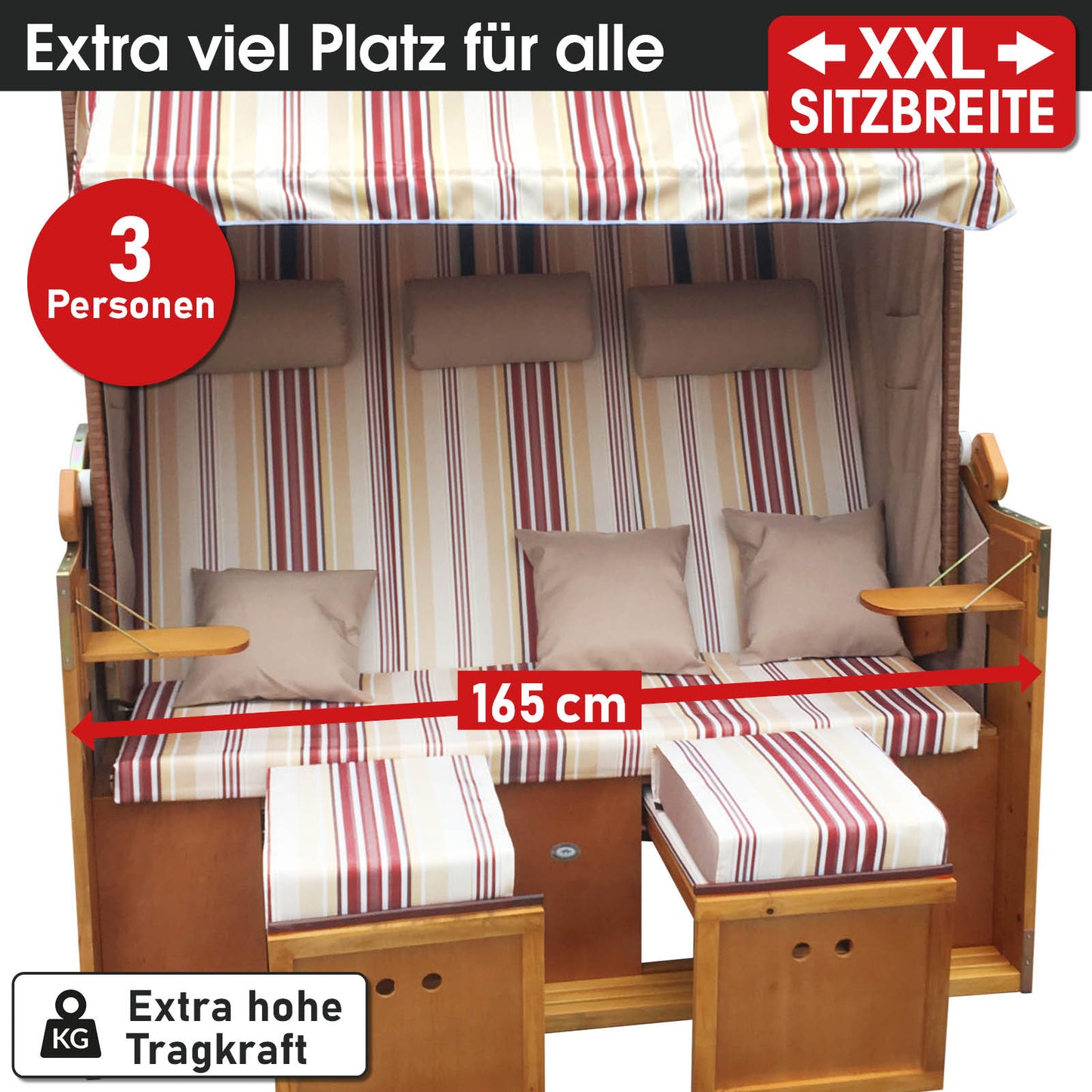 XXL Strandkorb 3-Sitzer in rot-beige gestreiftem wetterfestem Stoff mit 165 cm Sitzbreite, ideal für Balkon oder Ostsee und.
