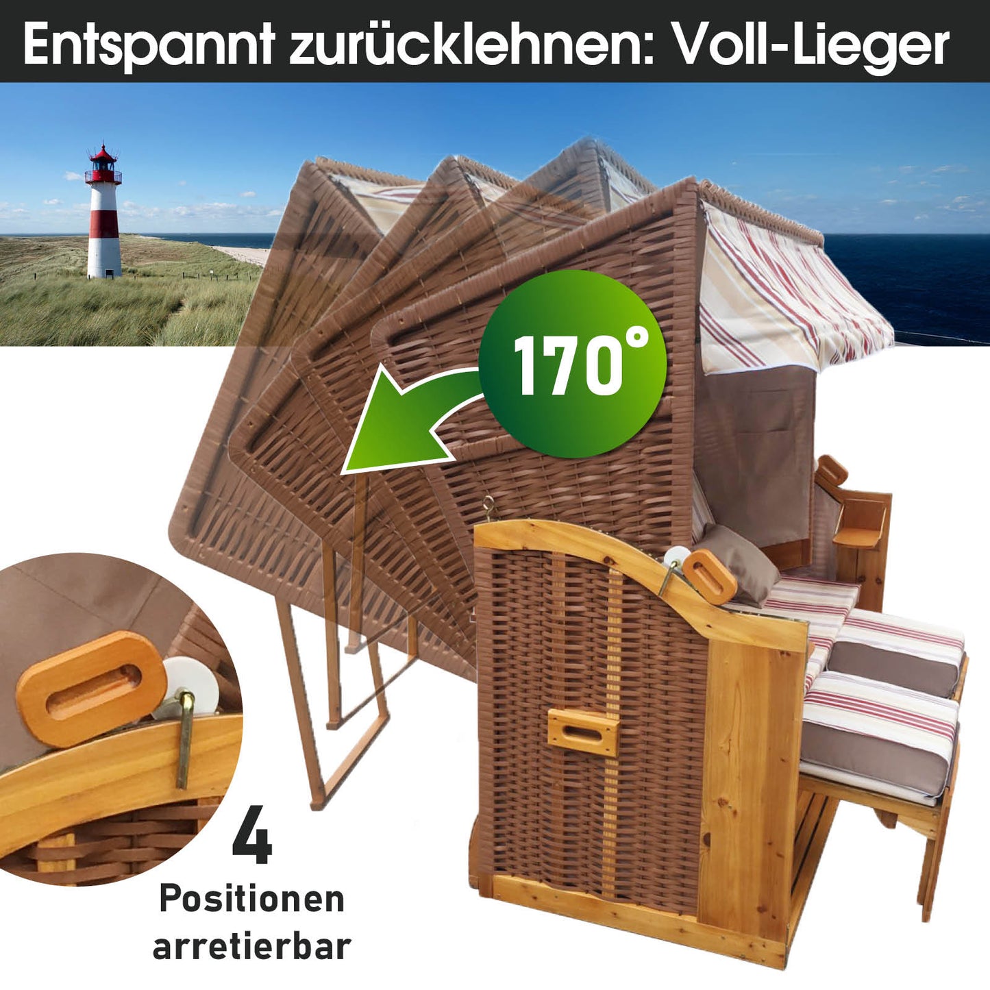 XXL Strandkorb 3-Sitzer Usedom rot-beige gestreift, wetterfest, voll lieger, Strandkorb Ostsee, Balkon, Nordsee.