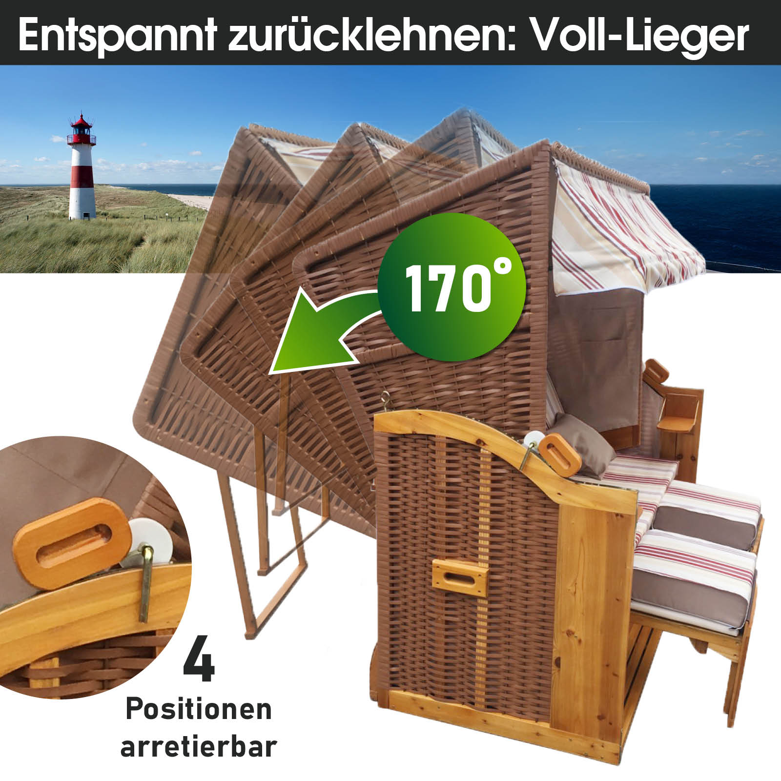 XXL Strandkorb 3-Sitzer Usedom rot-beige gestreift, wetterfest, voll lieger, Strandkorb Ostsee, Balkon, Nordsee.