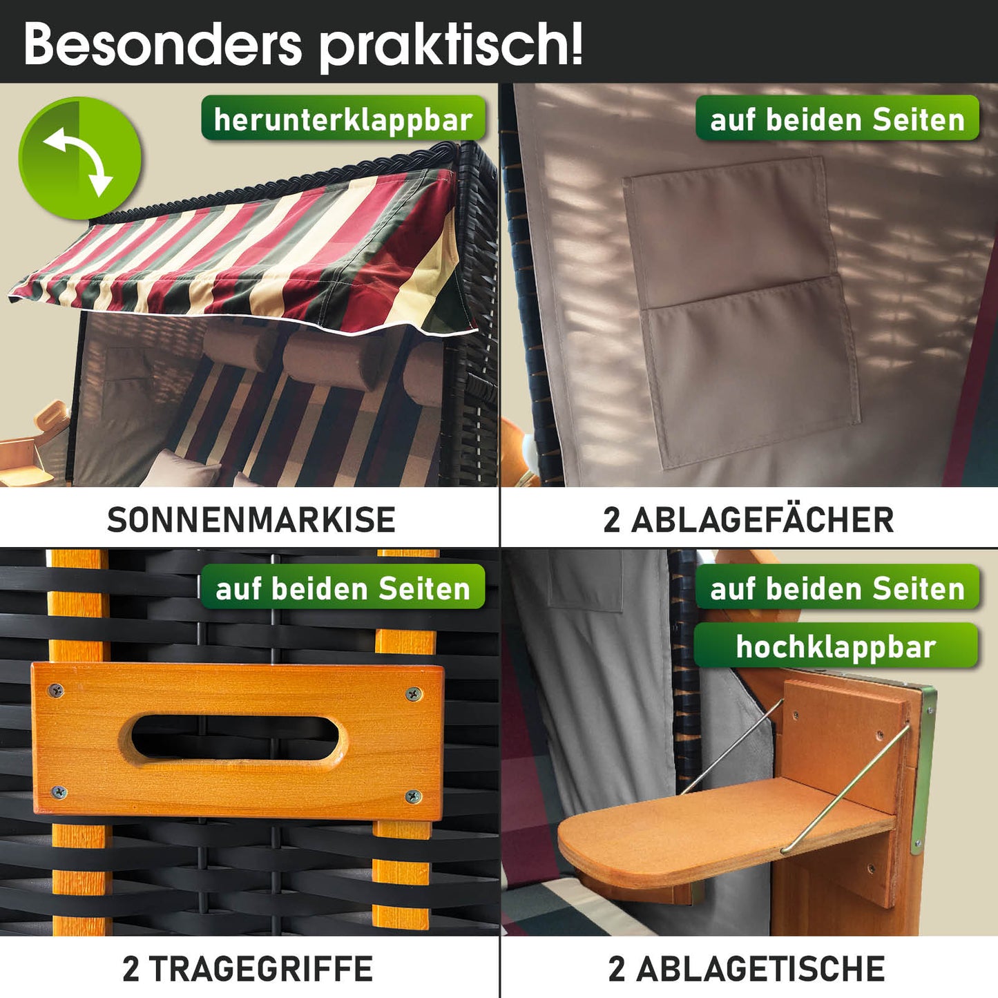 XXL Strandkorb wetterfest mit rotem, grünem und beigem Karomuster, Sonnenmarkise, Ablagefächern und klappbaren Tischen,.