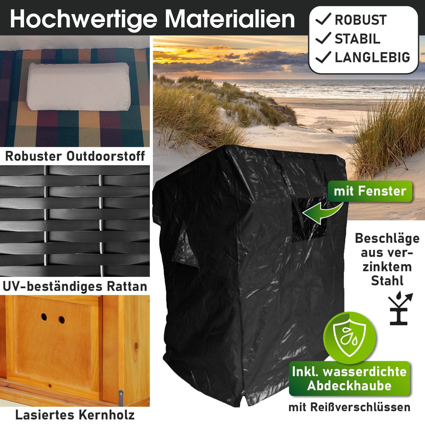 Wetterfeste Abdeckhaube für Strandkorb mit Fenster, robustes Material, UV-beständig, für Strandkorb Ostsee und Balkon,.