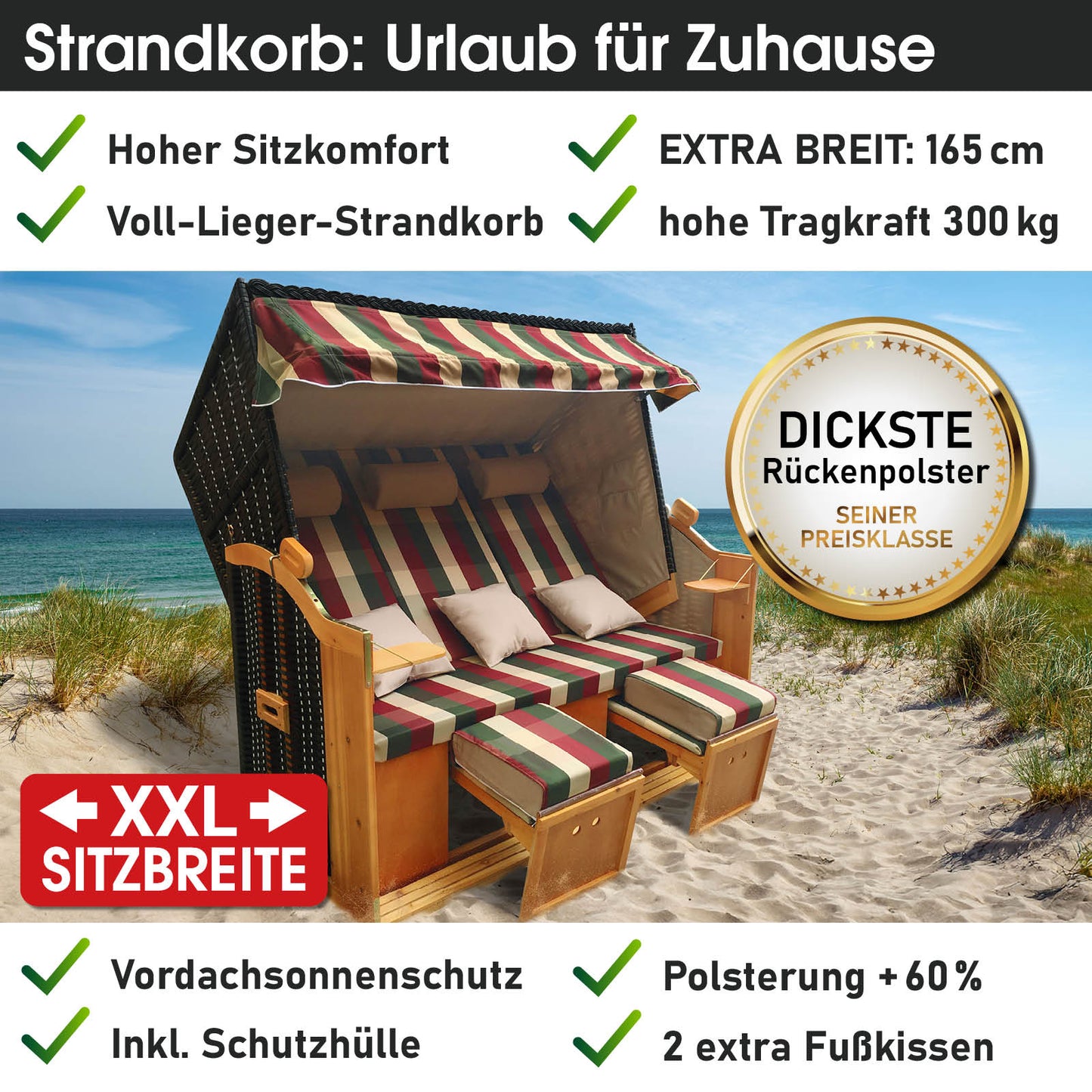XXL Strandkorb 3-Sitzer Usedom kariert in Rot, Grün und Beige, wetterfest für Ostsee und Nordsee, extra breiter Sitzplatz,.