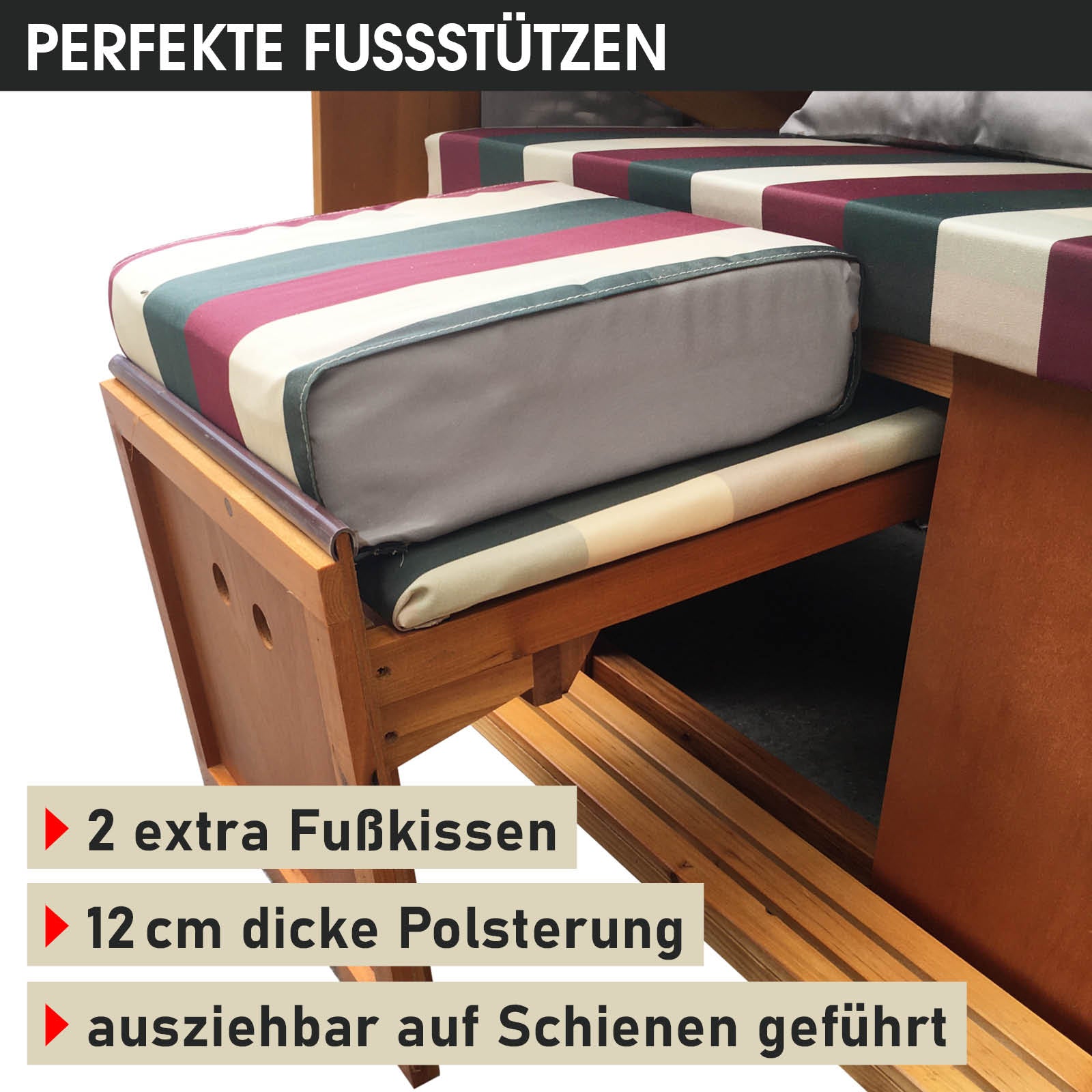 XXL Strandkorb 3-Sitzer mit rot-grün-beige karierten wetterfesten Polstern, ausziehbare Fußstützen, robustes Holz für.