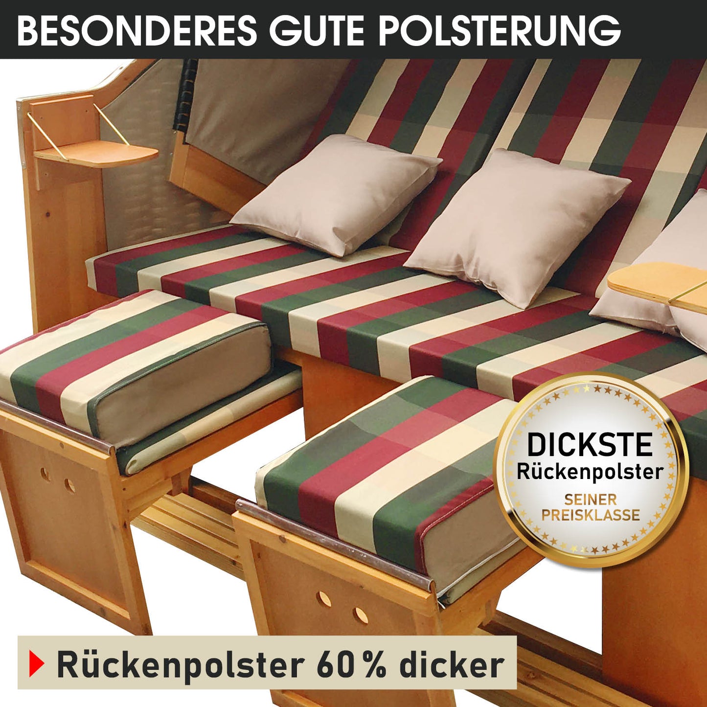 XXL Strandkorb 3-Sitzer Usedom mit rot-grün-beiger karierter Polsterung, wetterfester Strandkorb Ostsee und Nordsee ideal.