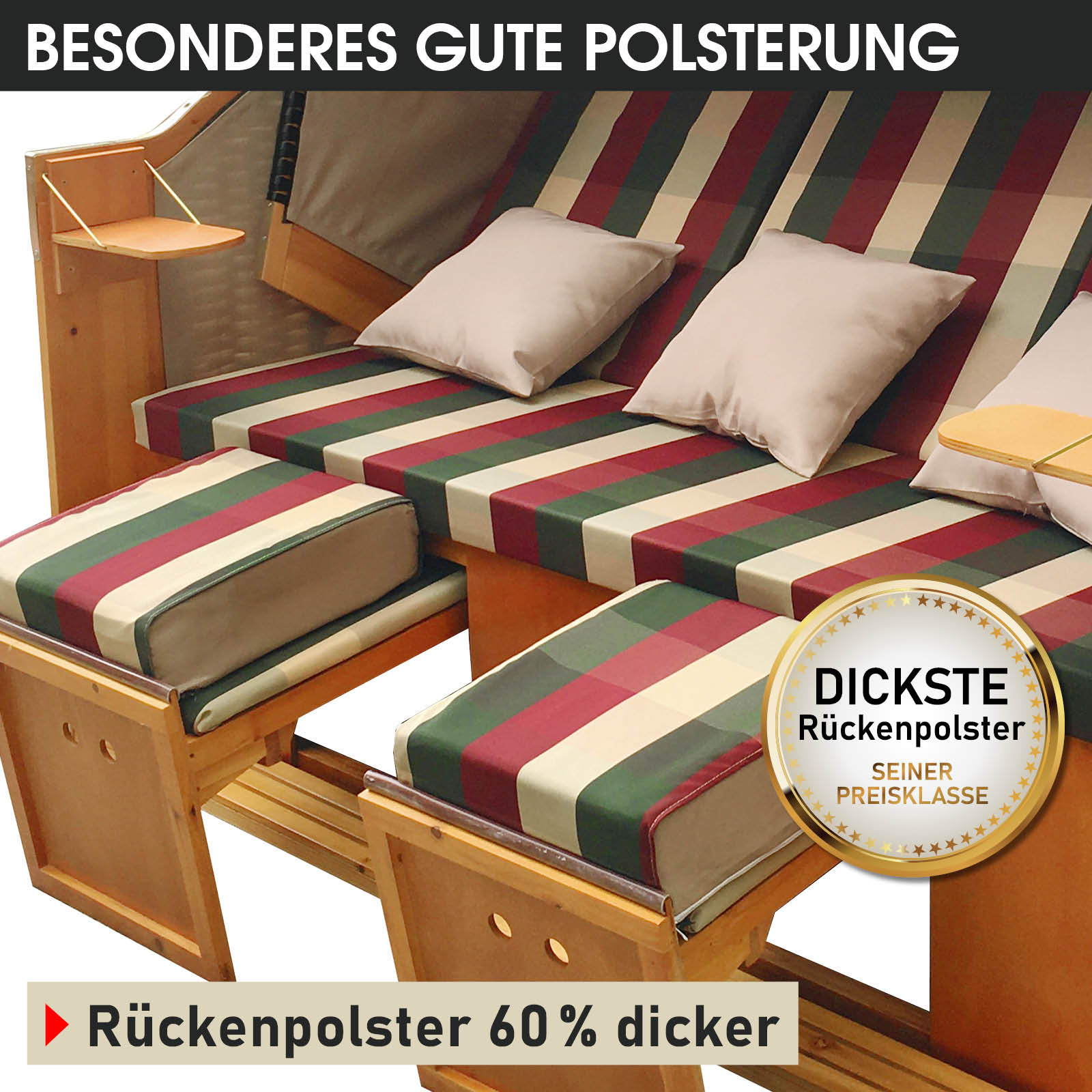 XXL Strandkorb 3-Sitzer Usedom mit rot-grün-beiger karierter Polsterung, wetterfester Strandkorb Ostsee und Nordsee ideal.