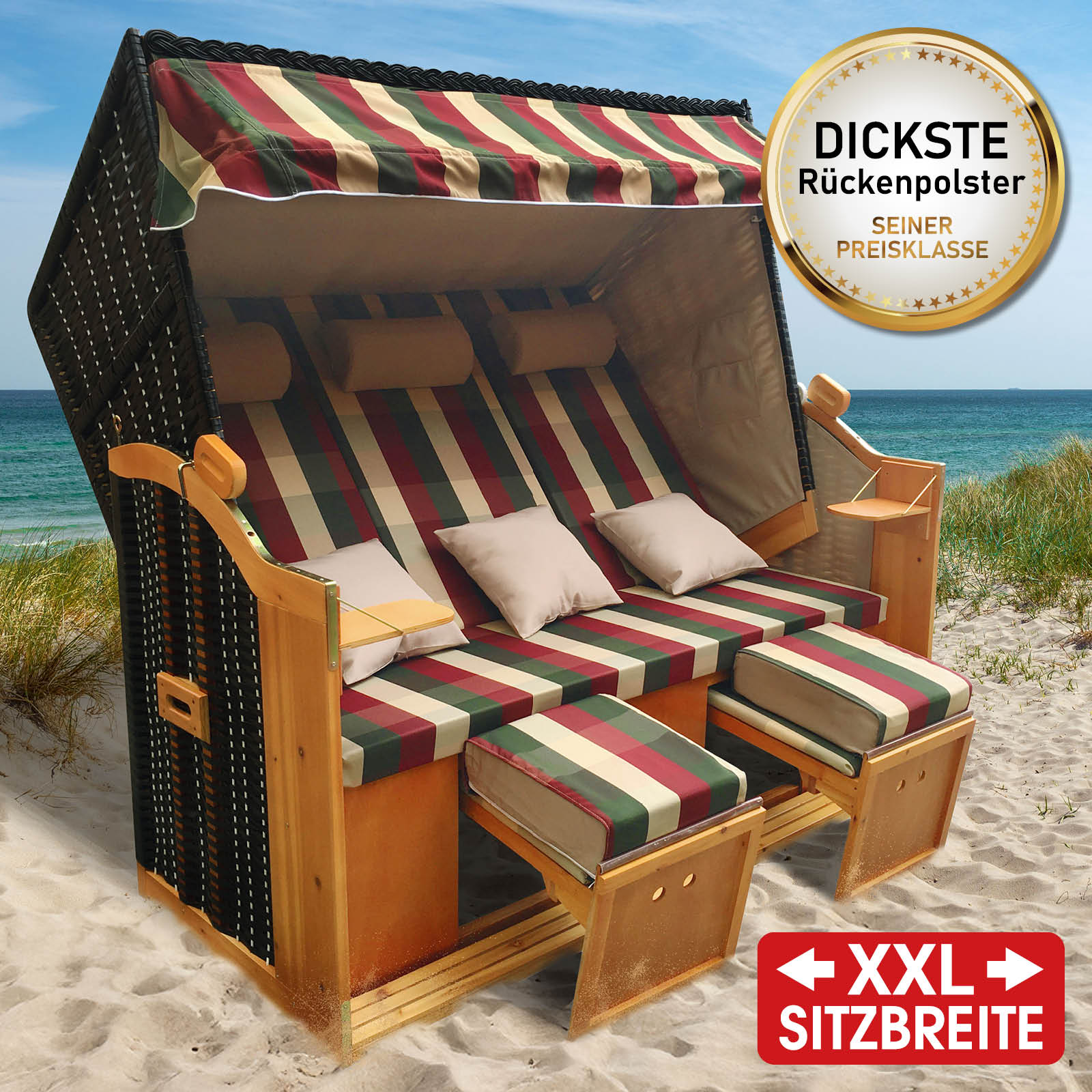 XXL Strandkorb 3-Sitzer Usedom kariert in Rot, Grün und Beige, wetterfest für Ostsee und Nordsee Balkon.