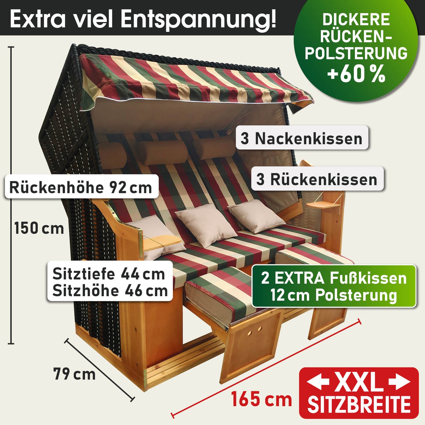 XXL Strandkorb 3-Sitzer Usedom rot-grün-beige kariert wetterfest mit extra Polsterung, Nacken- und Rückenkissen, geeignet.