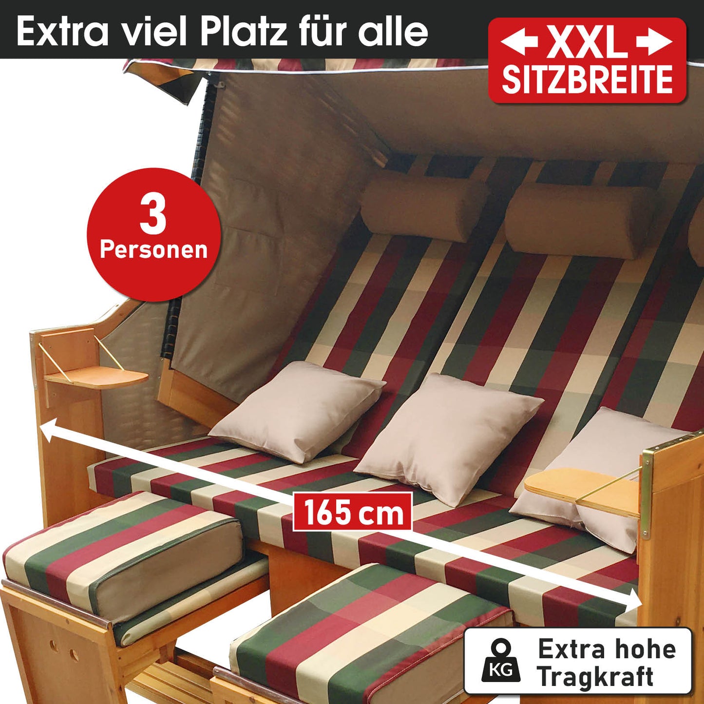 XXL Strandkorb 3-Sitzer in rot-grün-beige kariert mit wetterfestem Polster, ideal für Balkon, Ostsee und Nordsee.