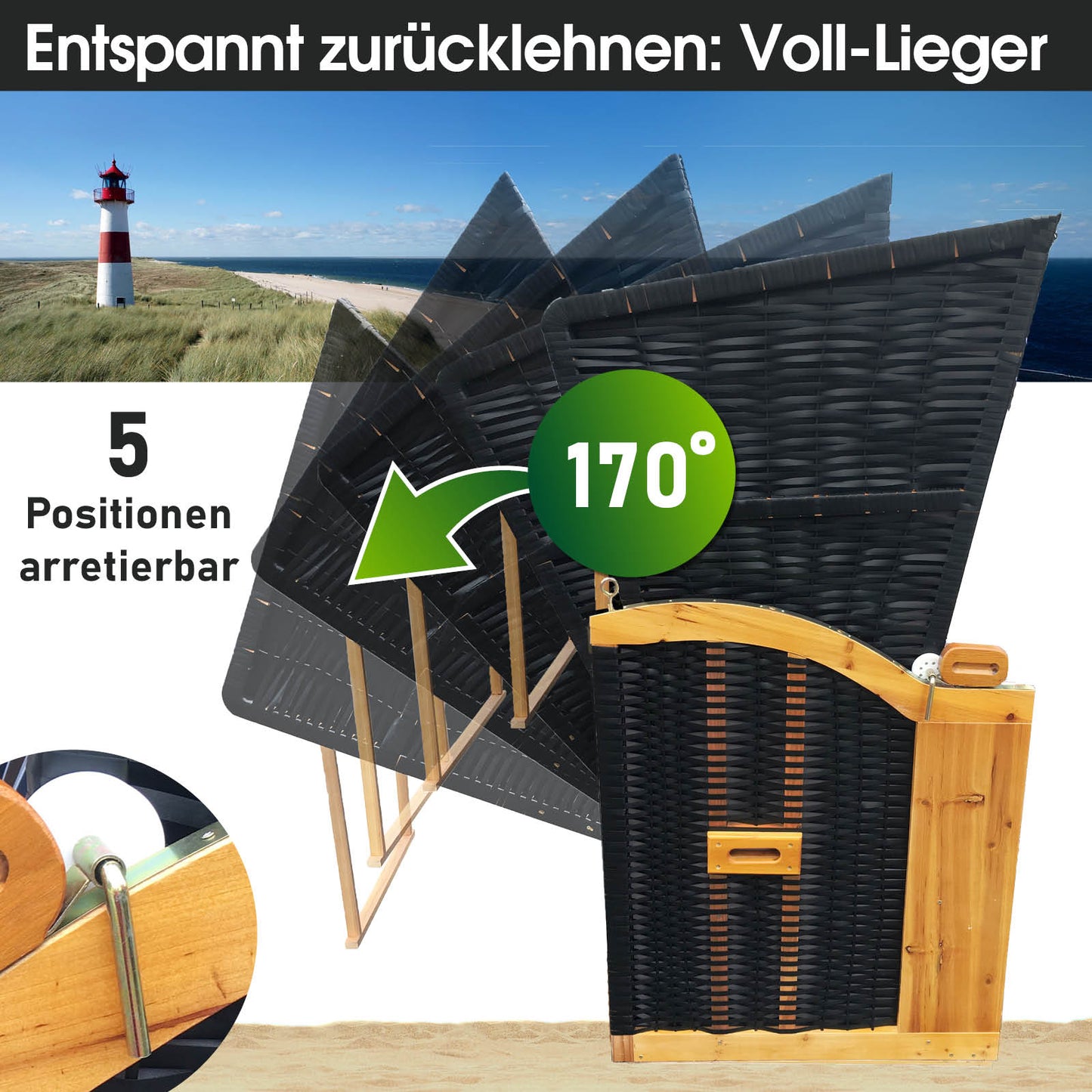 XXL wetterfester Strandkorb Ostsee 3-Sitzer mit Liegefunktion und verstellbarer Rückenlehne.