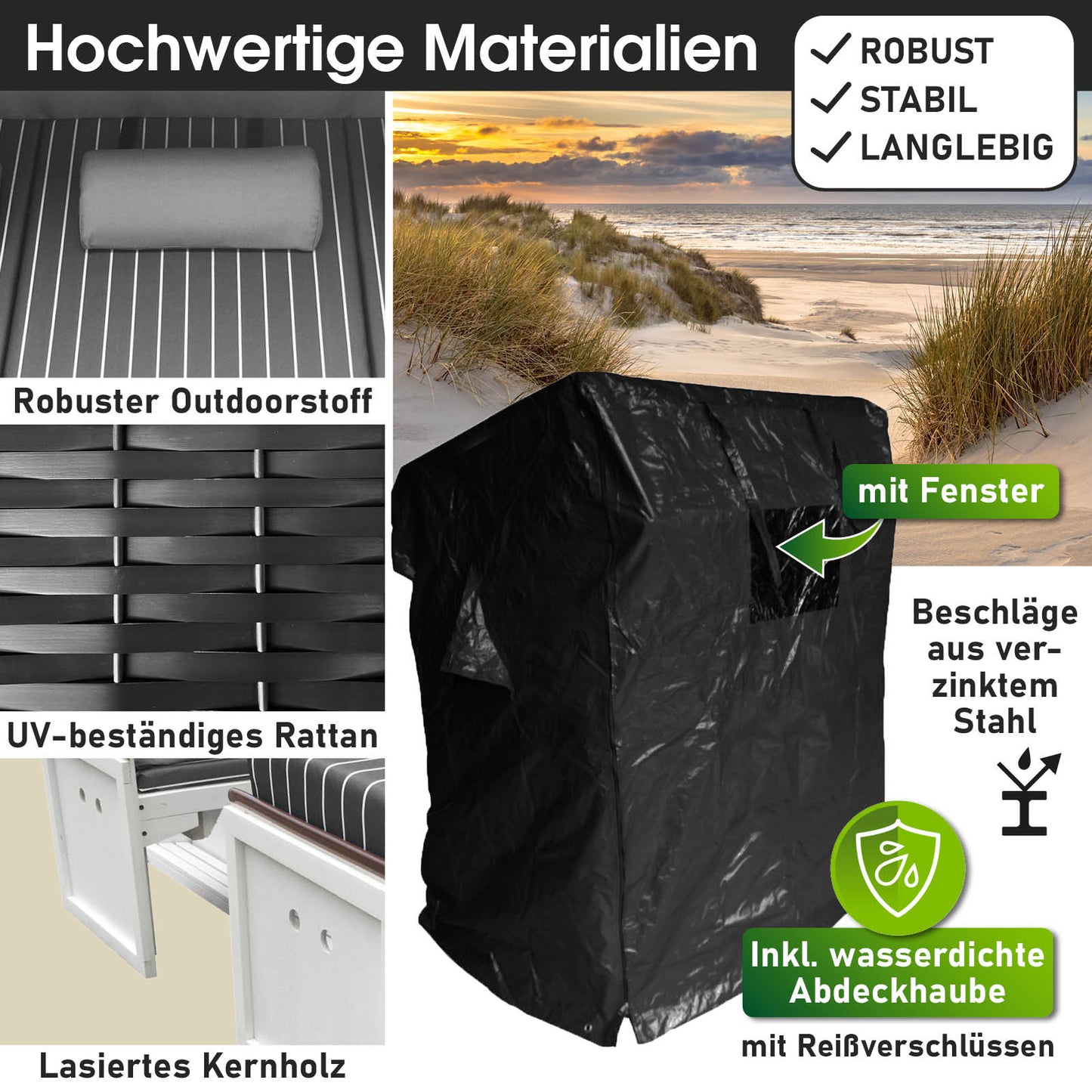 Wetterfeste Abdeckhaube für Strandkorb Ostsee aus robustem Outdoorstoff mit Fenster, schützt Balkon und Nordsee Strandkorb.