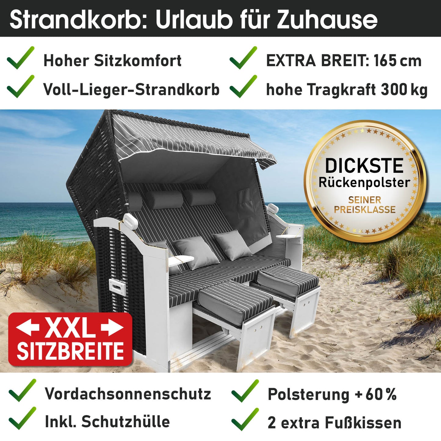 XXL Strandkorb 3-Sitzer Usedom anthrazit-grau gestreift wetterfest mit extra Breite, dickster Rückenpolsterung, ideal.