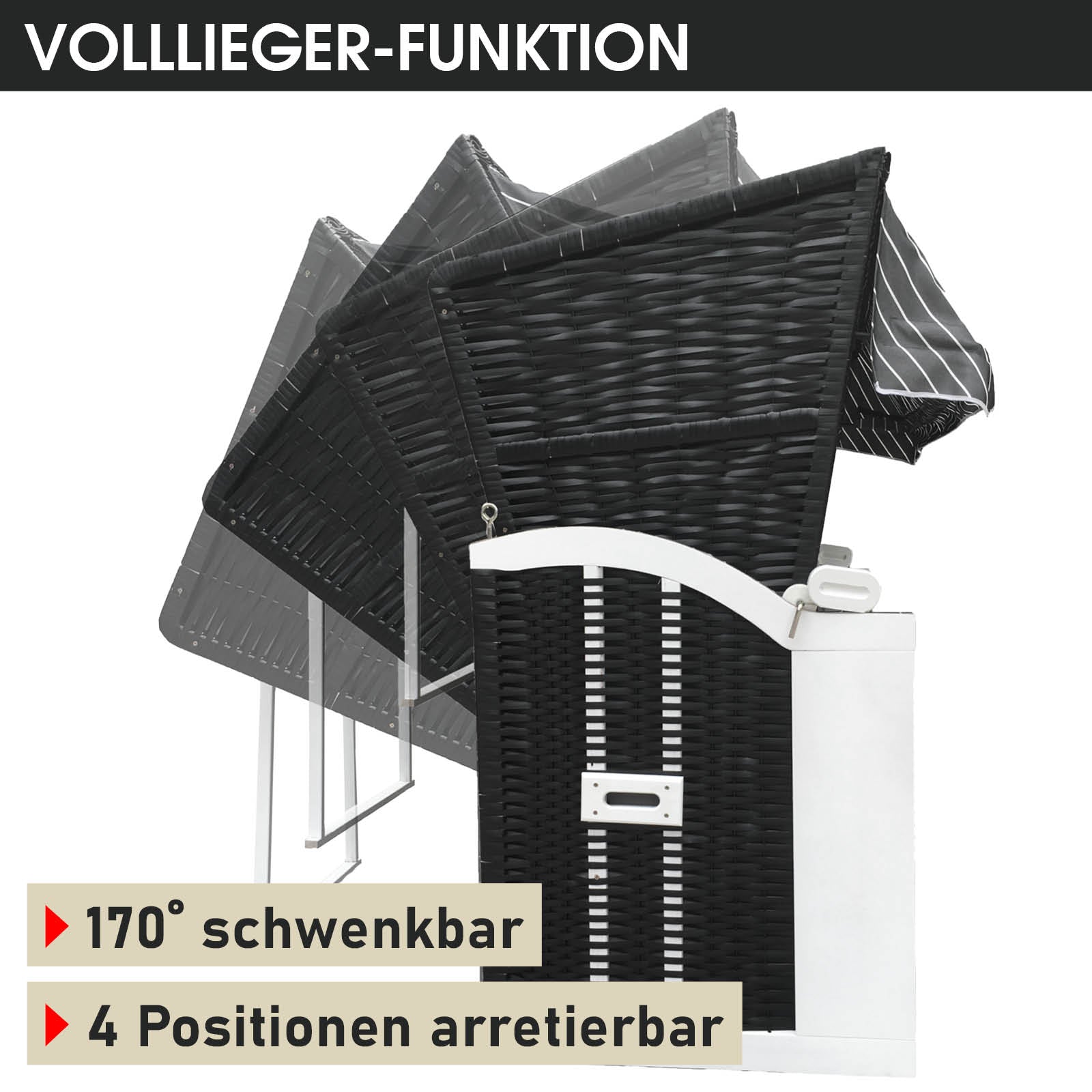 XXL Strandkorb Usedom anthrazit mit 170° schwenkbarem, wetterfestem Verdeck in 4 Positionen, ideal für Strandkorb Ostsee,.