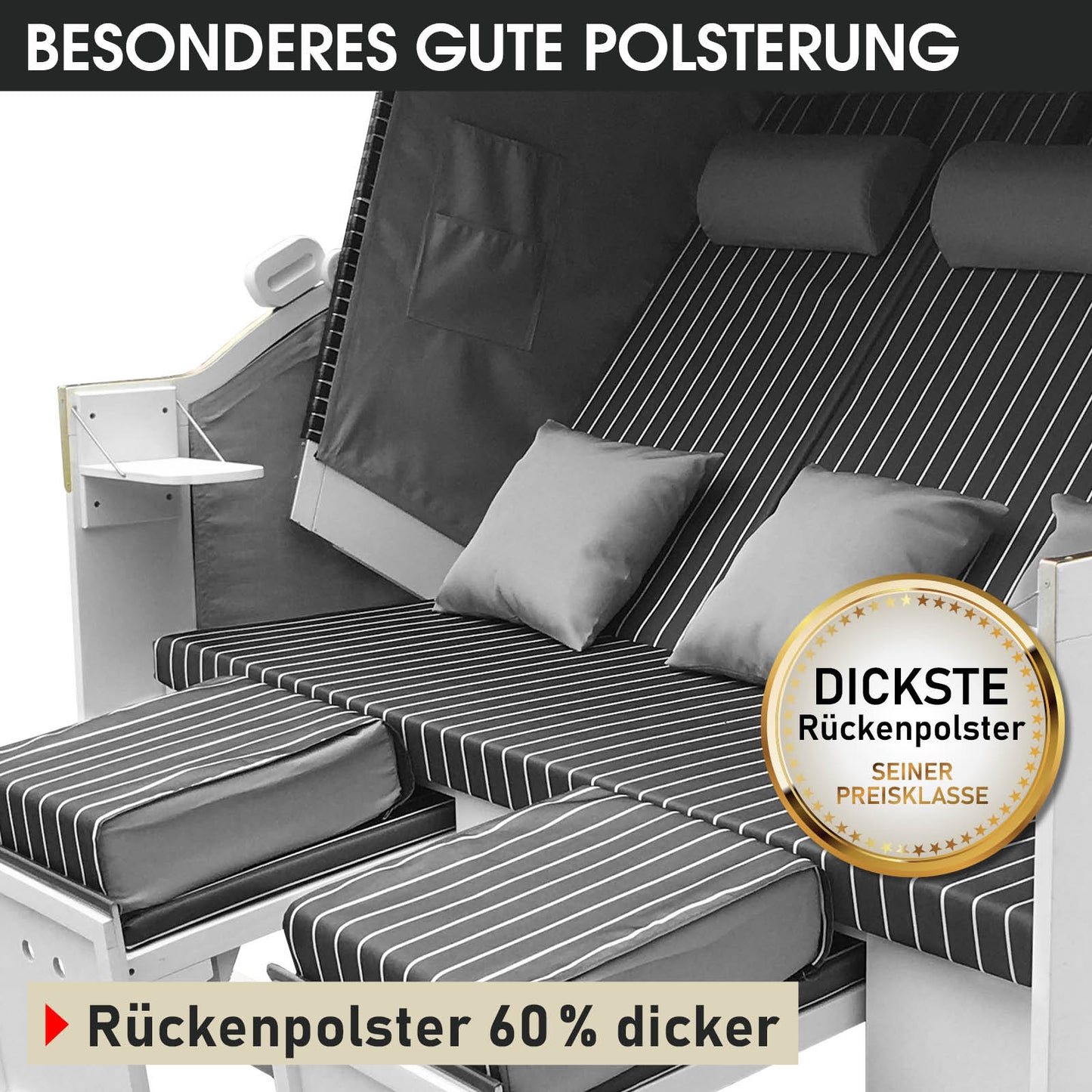 XXL Strandkorb 3-Sitzer Usedom anthrazit-grau gestreift mit dicker, wetterfester Polsterung, ideal für Balkon, Ostsee und.