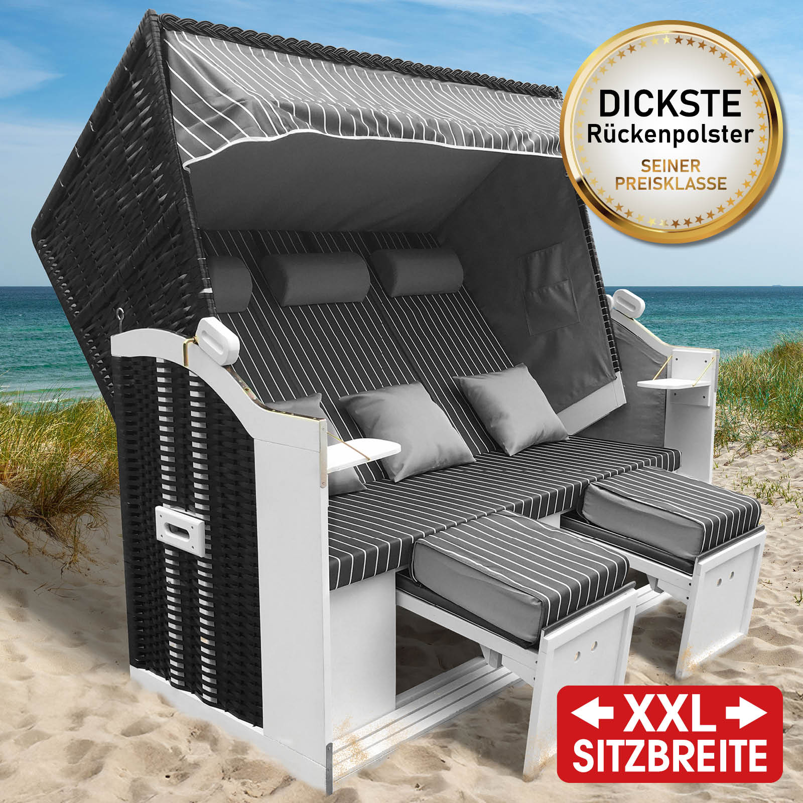 XXL Strandkorb 3-Sitzer Usedom in Anthrazit und Grau gestreift, wetterfest, ideal für Balkon und Nordsee-Strand.