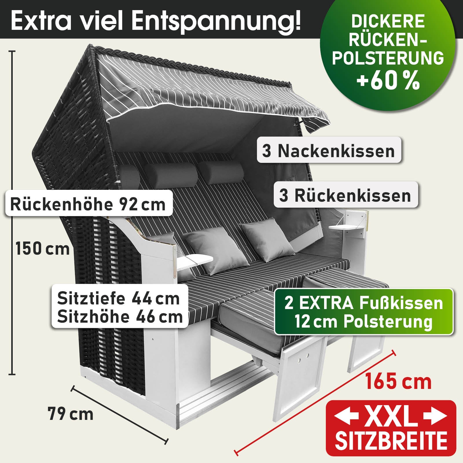 XXL Strandkorb 3-Sitzer anthrazit/grau gestreift mit dicker Rückenpolsterung, extra Fußkissen, wetterfest für Balkon, Ostsee .