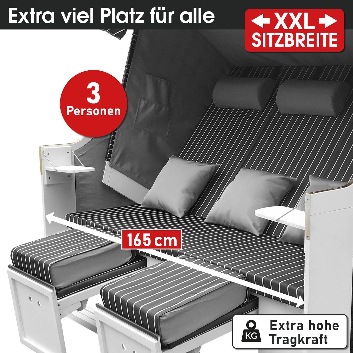 XXL 3-Sitzer Strandkorb Usedom in Anthrazit und Grau mit gestreiftem Polster, wetterfest und extra breit für Balkon, Ostsee.