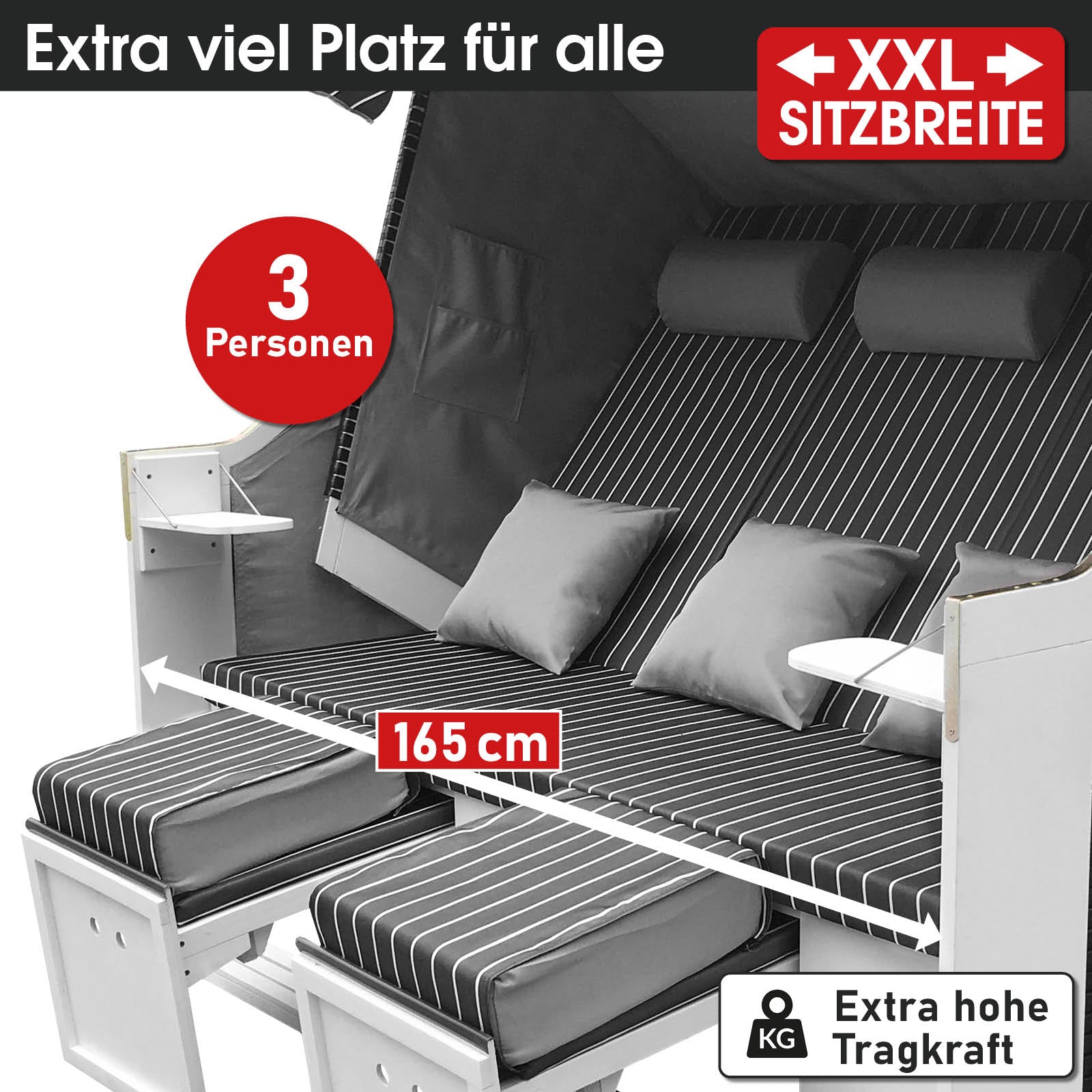 XXL 3-Sitzer Strandkorb Usedom in Anthrazit und Grau mit gestreiftem Polster, wetterfest und extra breit für Balkon, Ostsee.