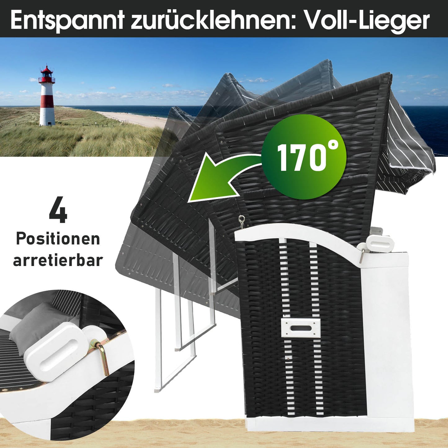 XXL Strandkorb 3-Sitzer Usedom anthrazit-grau gestreift mit verstellbarer Rückenlehne bis 170 Grad, wetterfest, ideal für.