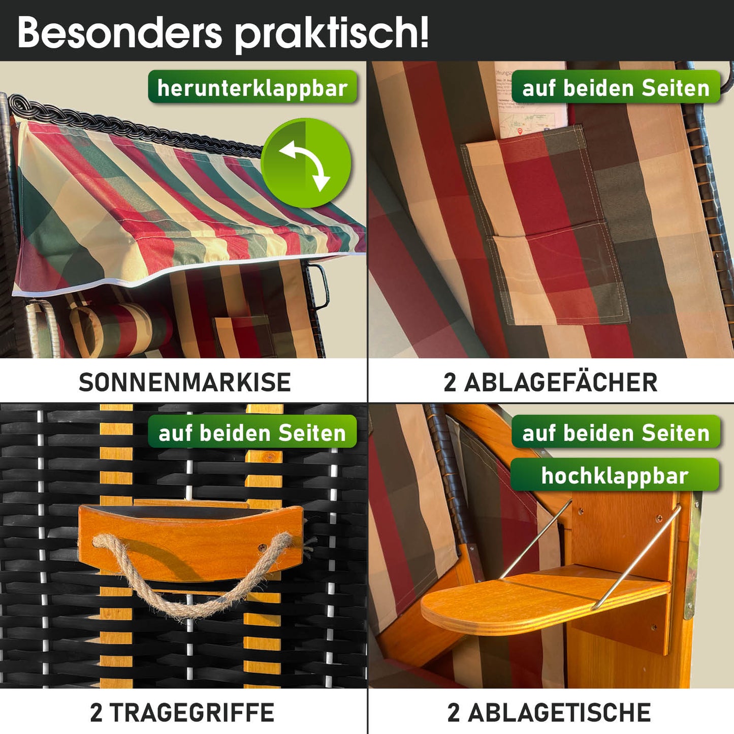 Roter, grüner und beiger karierten Strandkorb mit Sonnenschutz und klappbaren Ablagetischen, wetterfest für Balkon und.