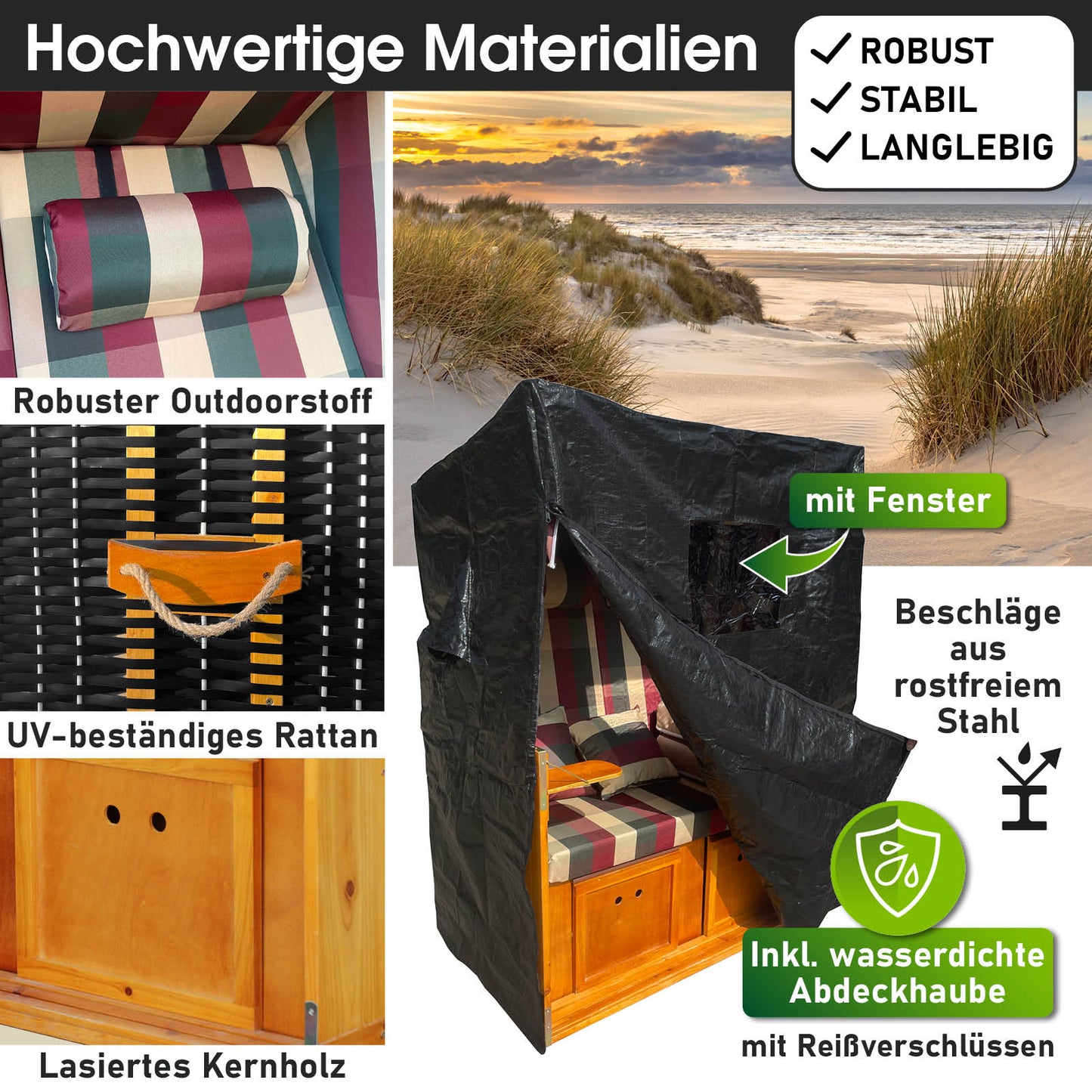 Strandkorb Rügen Deluxe rot-grün-beige kariert, wetterfest, robustes Holz und Rattan, ideal für Balkon und Ostsee, mit.