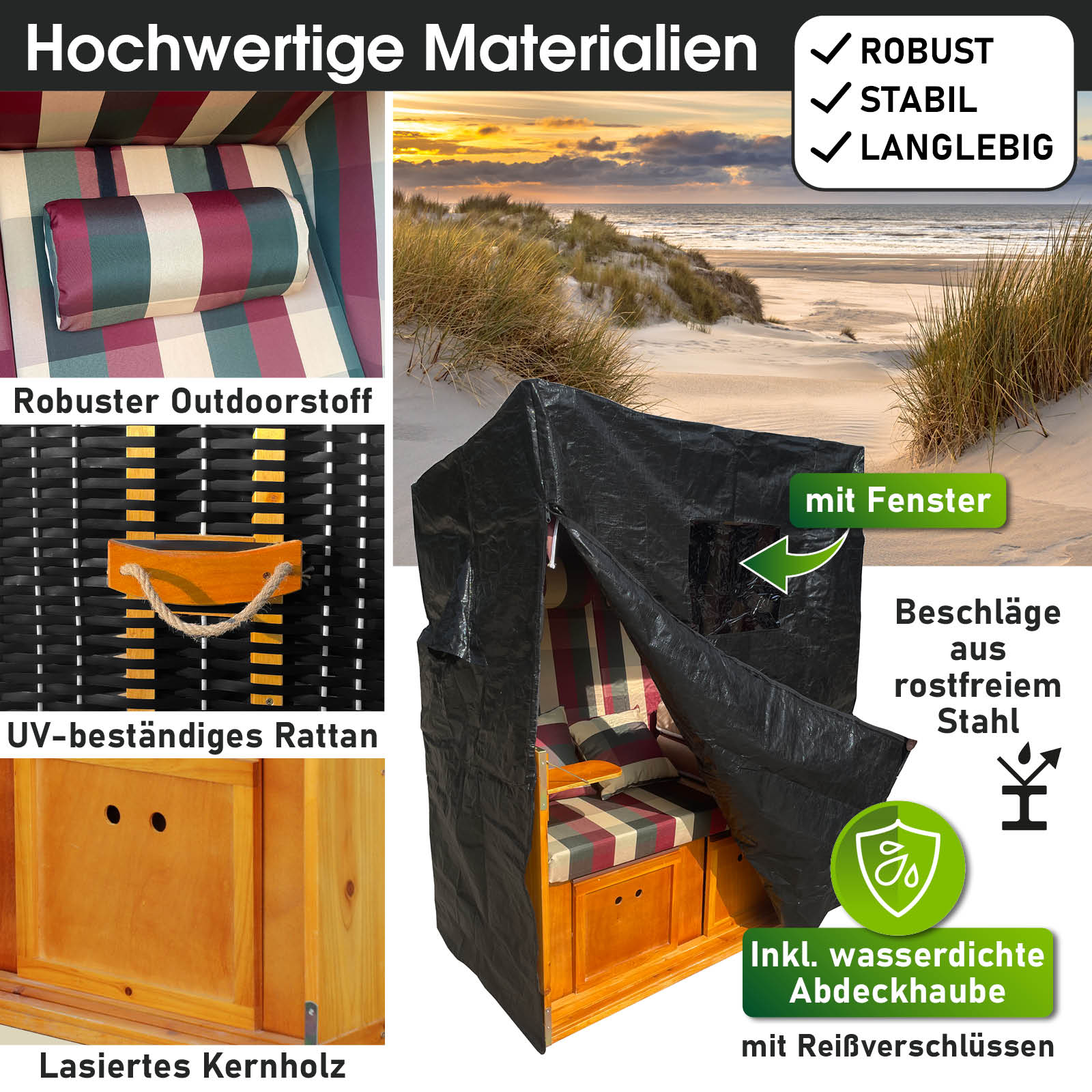 Strandkorb Rügen Deluxe rot-grün-beige kariert, wetterfest, robustes Holz und Rattan, ideal für Balkon und Ostsee, mit.