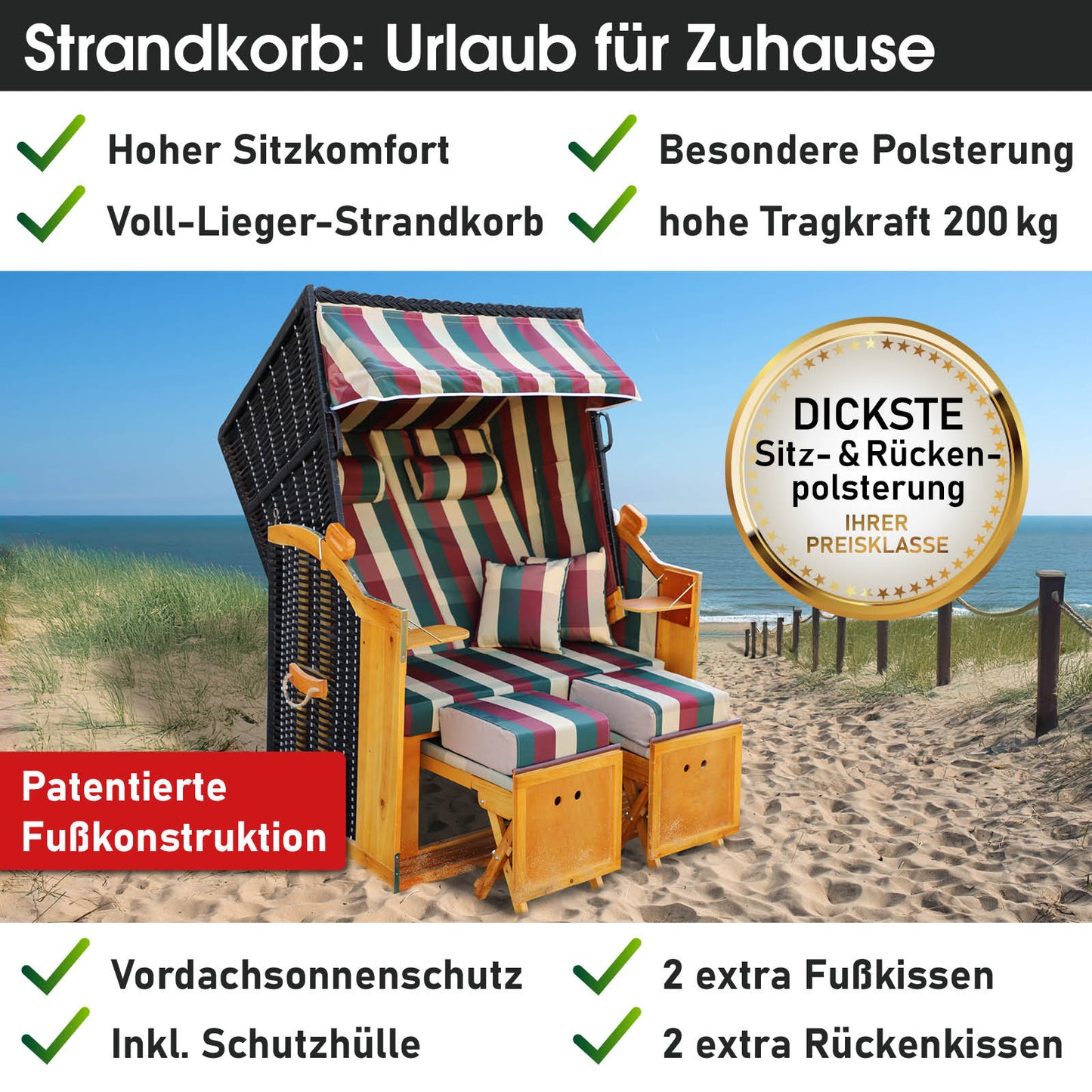 Strandkorb Rügen Deluxe 2-Sitzer mit rot-grün-beige kariertem wetterfestem Bezug, dicke Polsterung, Sonnenverdeck und.