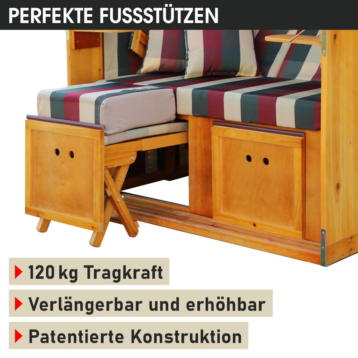 Strandkorb RÜGEN DELUXE 2 Sitzer rot-grün-beige kariert, wetterfest, mit verstellbaren Fußstützen aus Holz, ideal Strandkorb .