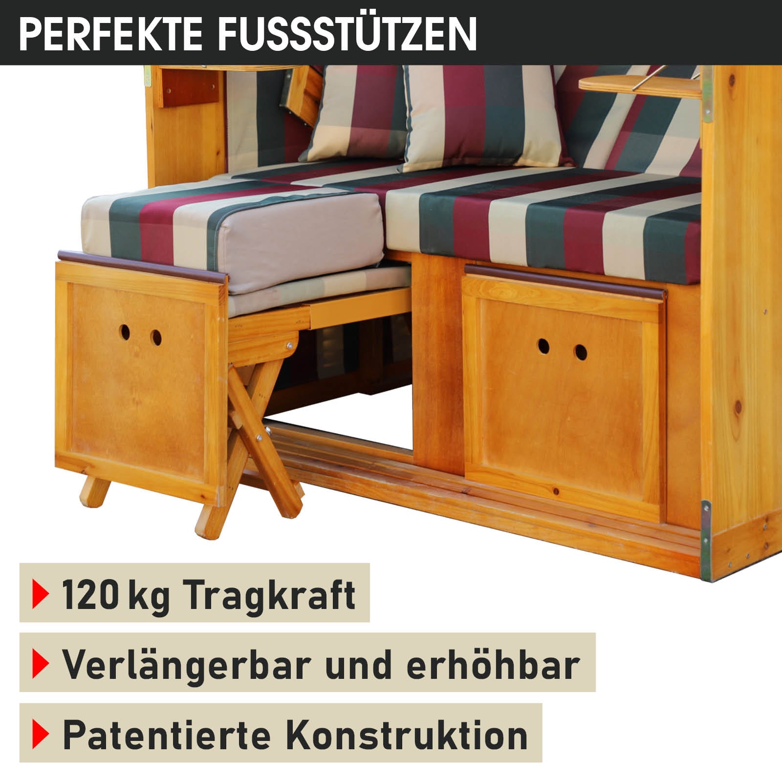 Strandkorb RÜGEN DELUXE 2 Sitzer rot-grün-beige kariert, wetterfest, mit verstellbaren Fußstützen aus Holz, ideal Strandkorb .