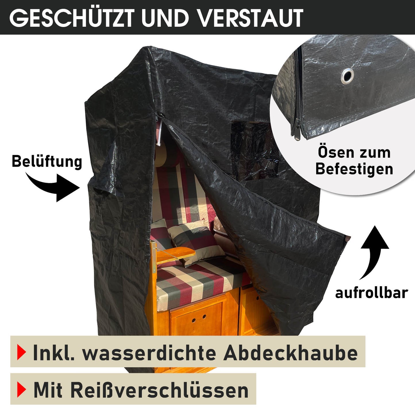 Strandkorb Ostsee in Rot-Grün-Beige kariert mit wetterfester, aufrollbarer Abdeckhaube und Belüftung, ideal für Balkon und.