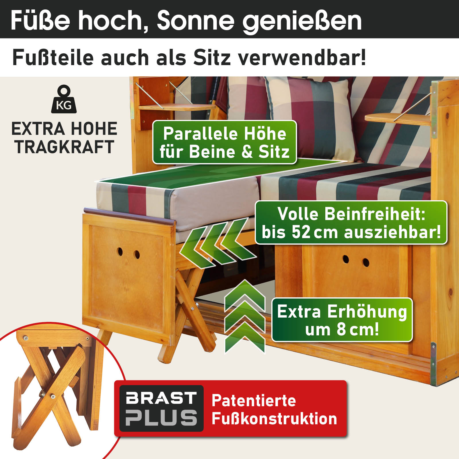 Wetterfester Strandkorb Ostsee 2-Sitzer rot-grün-beige kariert mit hoher Fußstütze und ausziehbar bis 52 cm, ideal für.