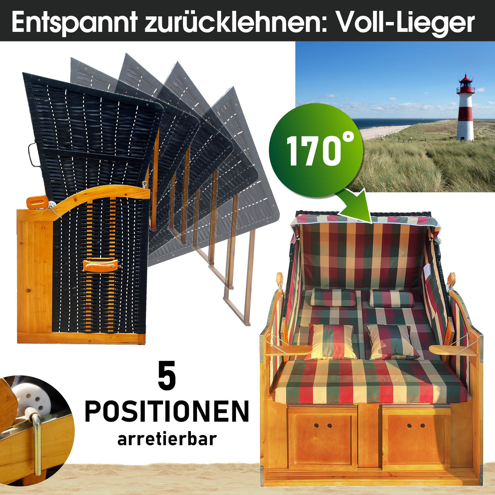 Wetterfester Strandkorb Ostsee rot-grün-beige kariert mit 5 Liegepositionen und Fußstützen, ideal für Balkon und Nordsee.