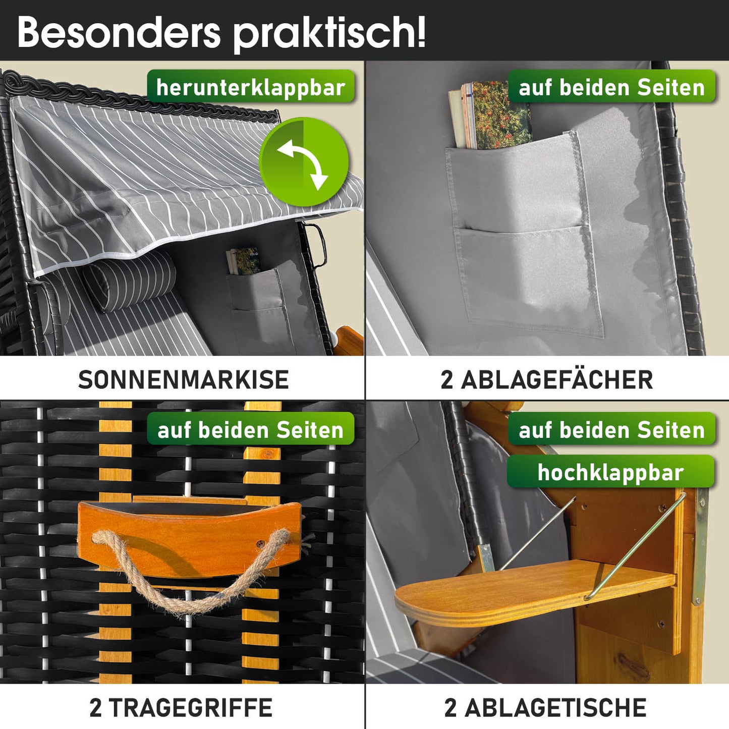 Wetterfester Strandkorb Ostsee RÜGEN DELUXE anthrazit-grau gestreift mit Sonnenschutz, Ablagefächern, Tragegriffen,.
